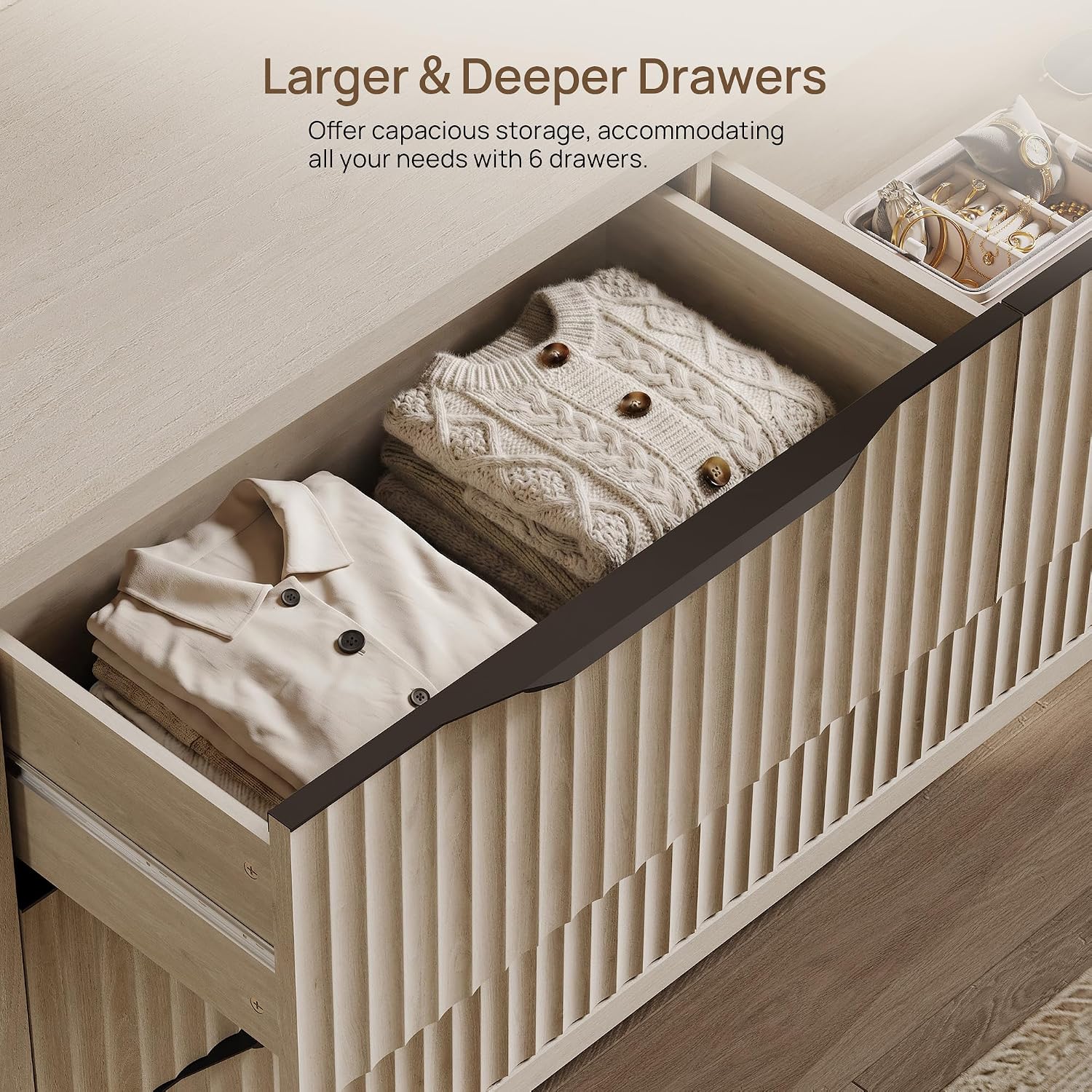 SICOTAS Dresser for Bedroom 107' Wide 6 Drawer Dressers & Chests of Drawers for Closet Long Large Modern TV Stand Set for Clothes Storage Fluted Wide Clothes Closet for Hallway Entryway, White Alder
