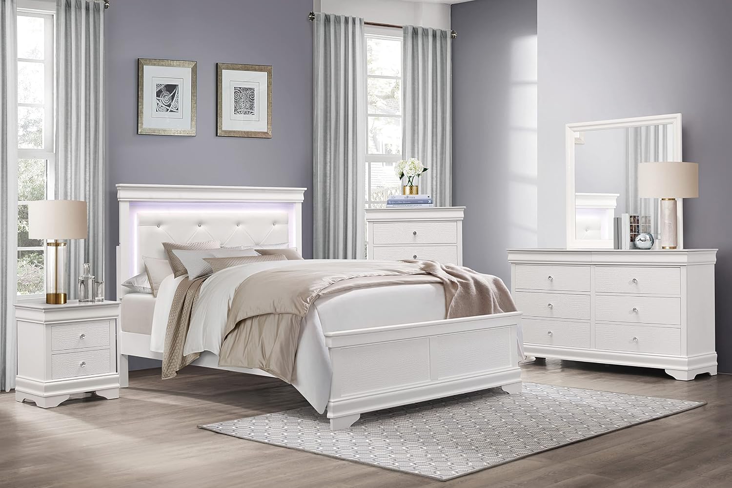 Modern Glam 6pc Set Bedroom Furniture Full Size Tufted LED Light Bed White Finish Alligator Texture Panels