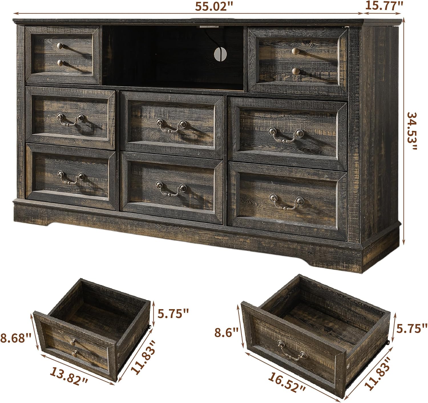 Homkdom Dresser for Bedroom with Charging Station & Led Lights,55.02' TV Stand with 8 Drawers,Dressers & Chests of Drawers with Open Shelves,Hallway,55.02' W x 34.53' H x 15.77' D Rustic Oak