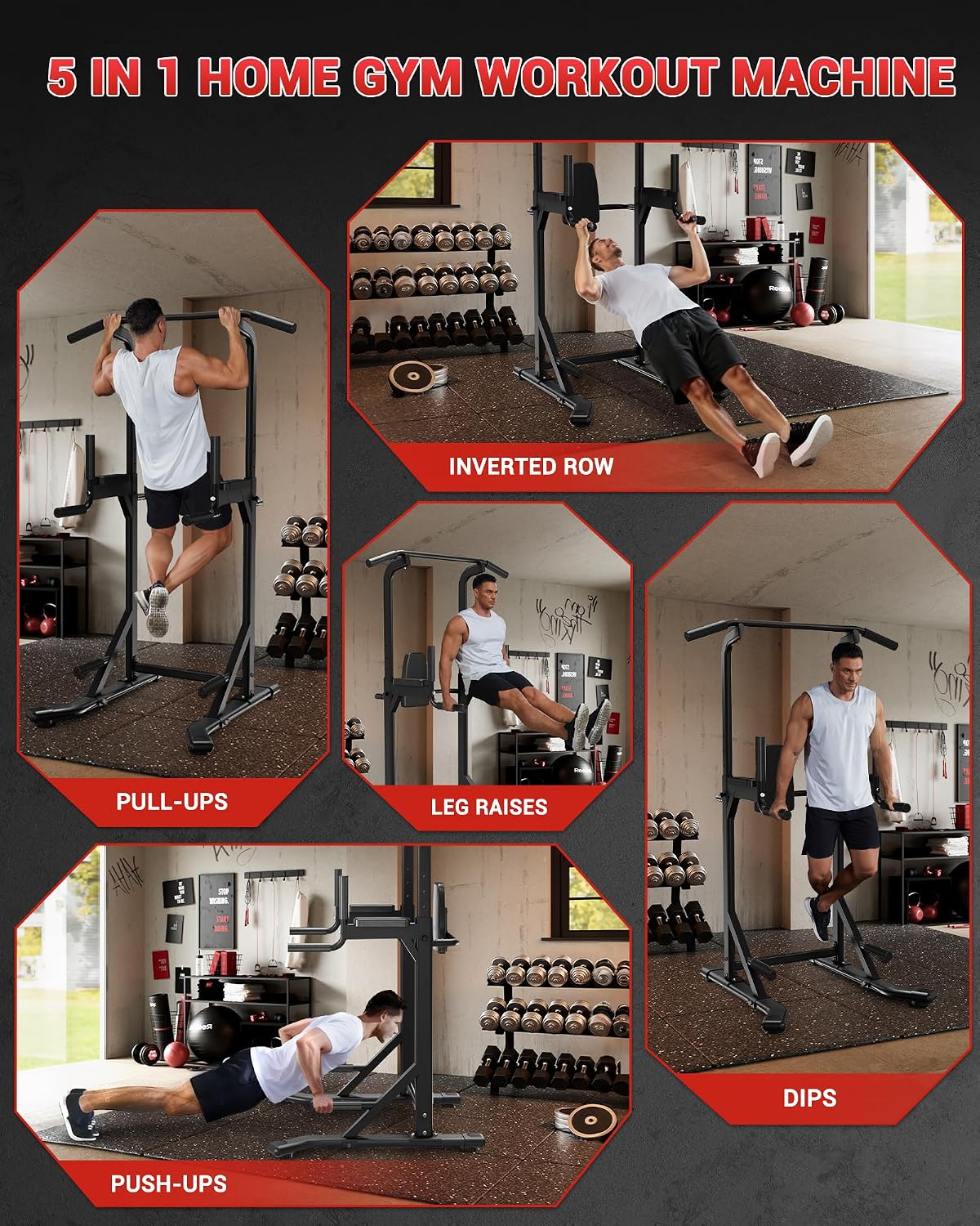 Garvee Pull Up Bar Free Standing Workout Equipment, Power Tower Dip Station for Home Gym, 450LBS Weight Capacity Strength Training Fitness Equipment