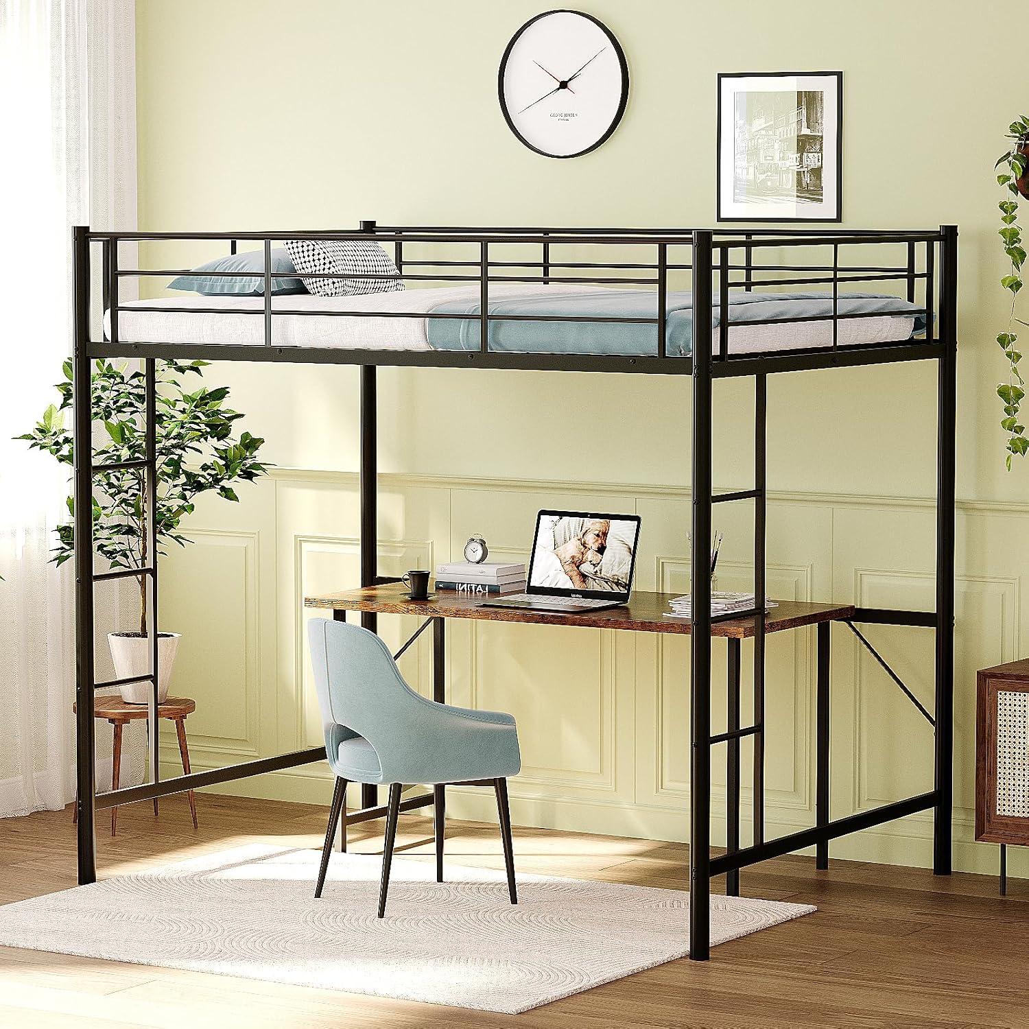 VINGLI Full Size Loft Bed Kids Loft with 2 Stairs Design,Space-Saving Double Bed for Teens, Adults, Heavy Duty Metal Square Slat, No Box Spring Needed,Black