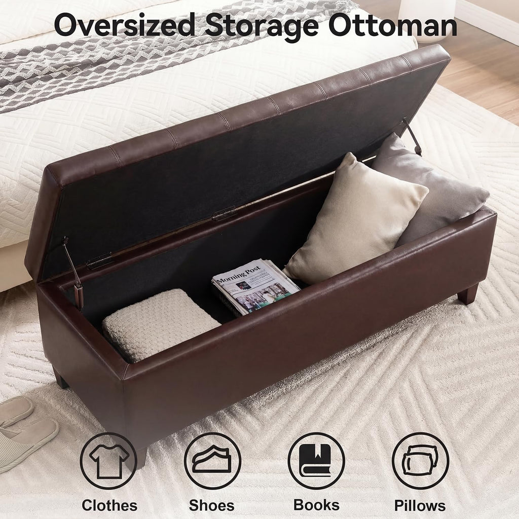 51-Inch Tufted Storage Ottoman Bench, Faux Leather Upholstered Footrest with Large Capacity, Modern End of Bed Bench for Bedroom, Living Room, Brown