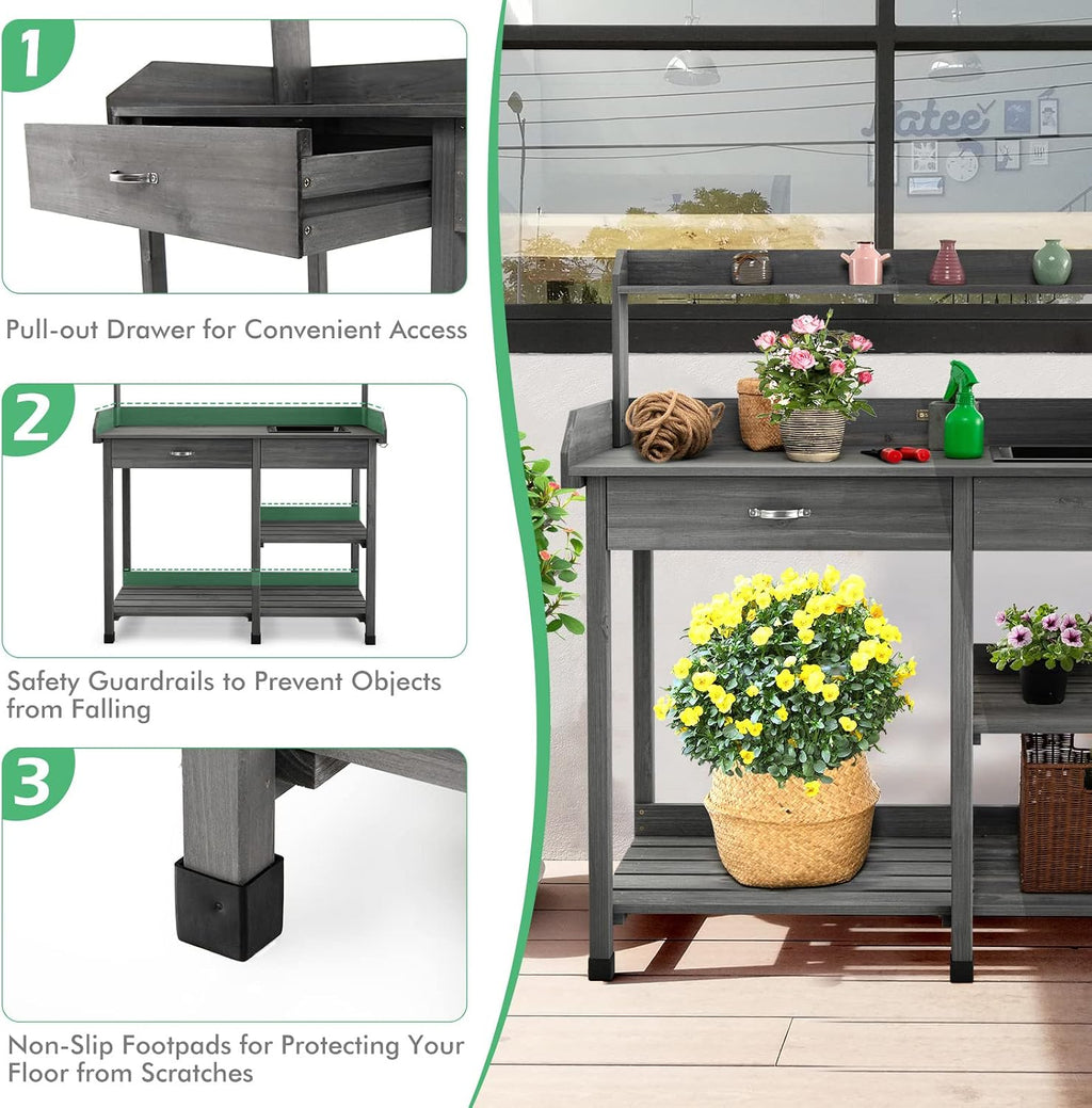 TANGZON Garden Potting Table, Wooden Potting Bench with Large Sink, Drawer, Open Shelves & 3 Hooks, Outdoor Gardening Flower Plant Workstation for Patio Balcony Yard Lawn (Grey)