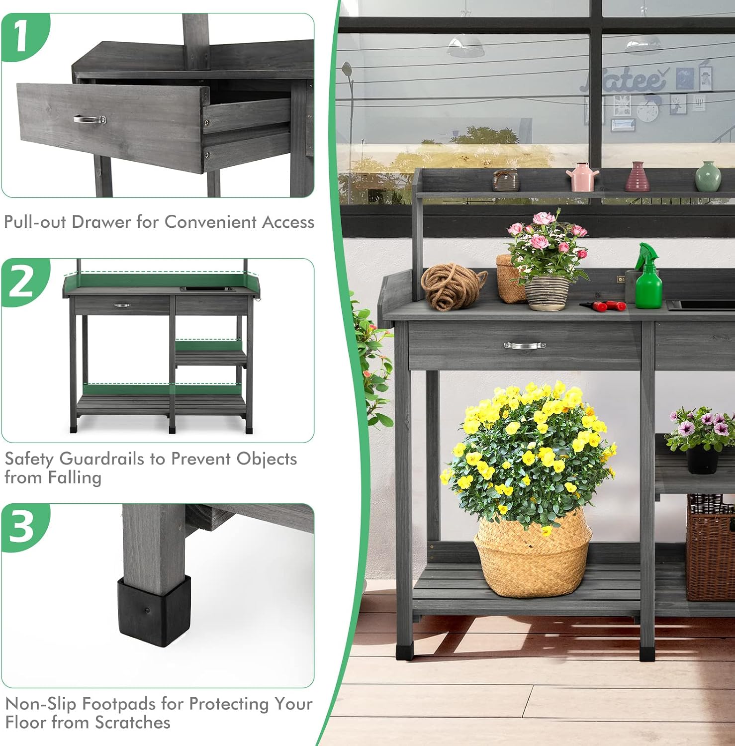 TANGZON Garden Potting Table, Wooden Potting Bench with Large Sink, Drawer, Open Shelves & 3 Hooks, Outdoor Gardening Flower Plant Workstation for Patio Balcony Yard Lawn (Grey)