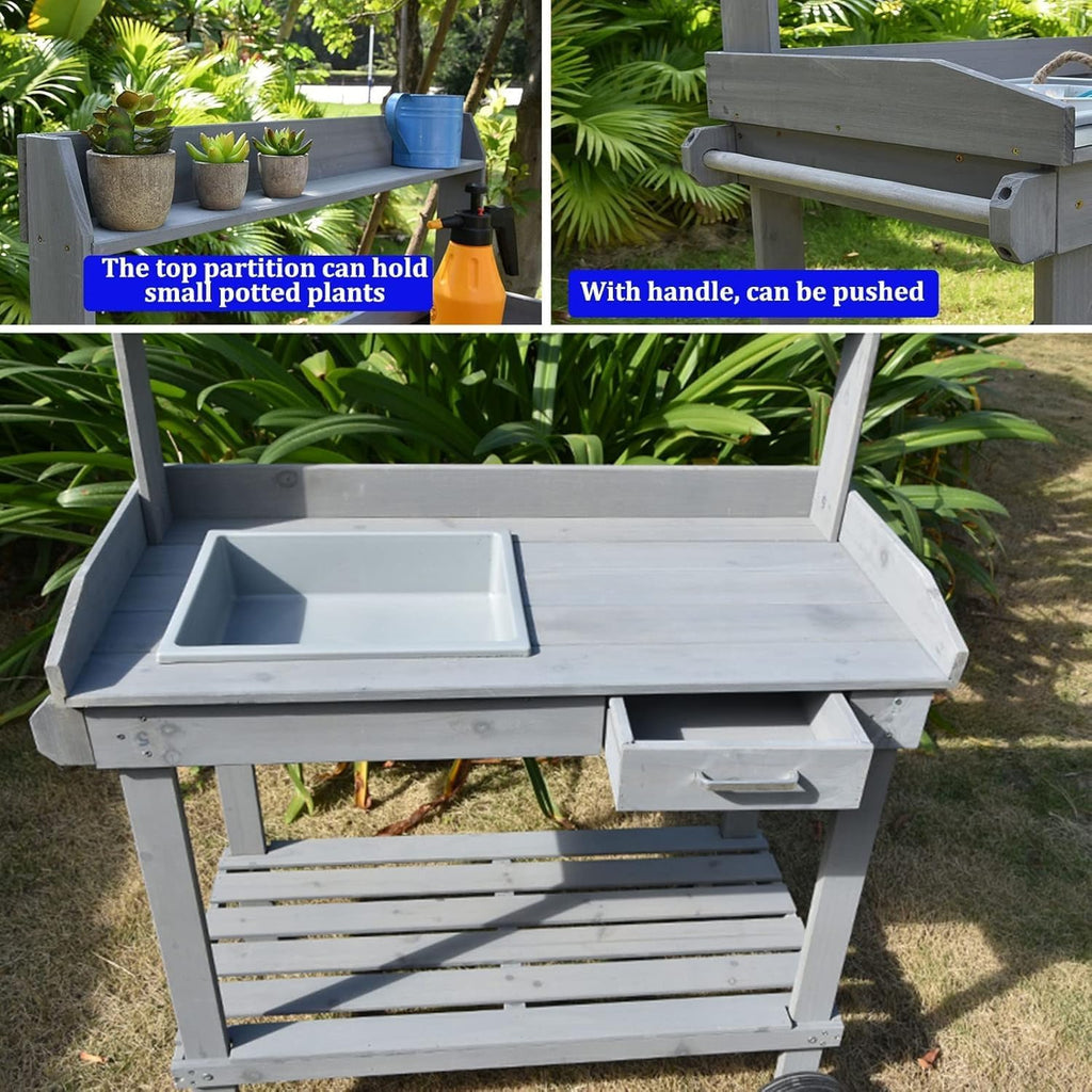 Plant Shelf, Plant Stand Indoor Outdoor, Elevated Flowerpot Box with Wheels, Outdoor Potted Plant Workbench, Drawer/Adjustable Shelf/Detachable Sink