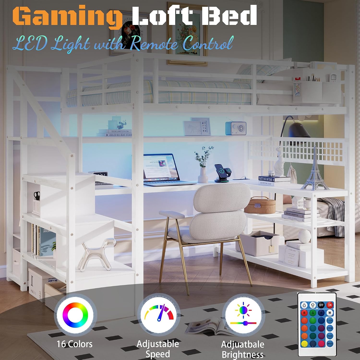 Full Size Loft Bed with Stairs and Desk,Metal Gaming LoftBed with LED Lights,Charging Station, High Loft Beds Frame Full with Storage Shelves,Wardrobe for Teens, Adults, White