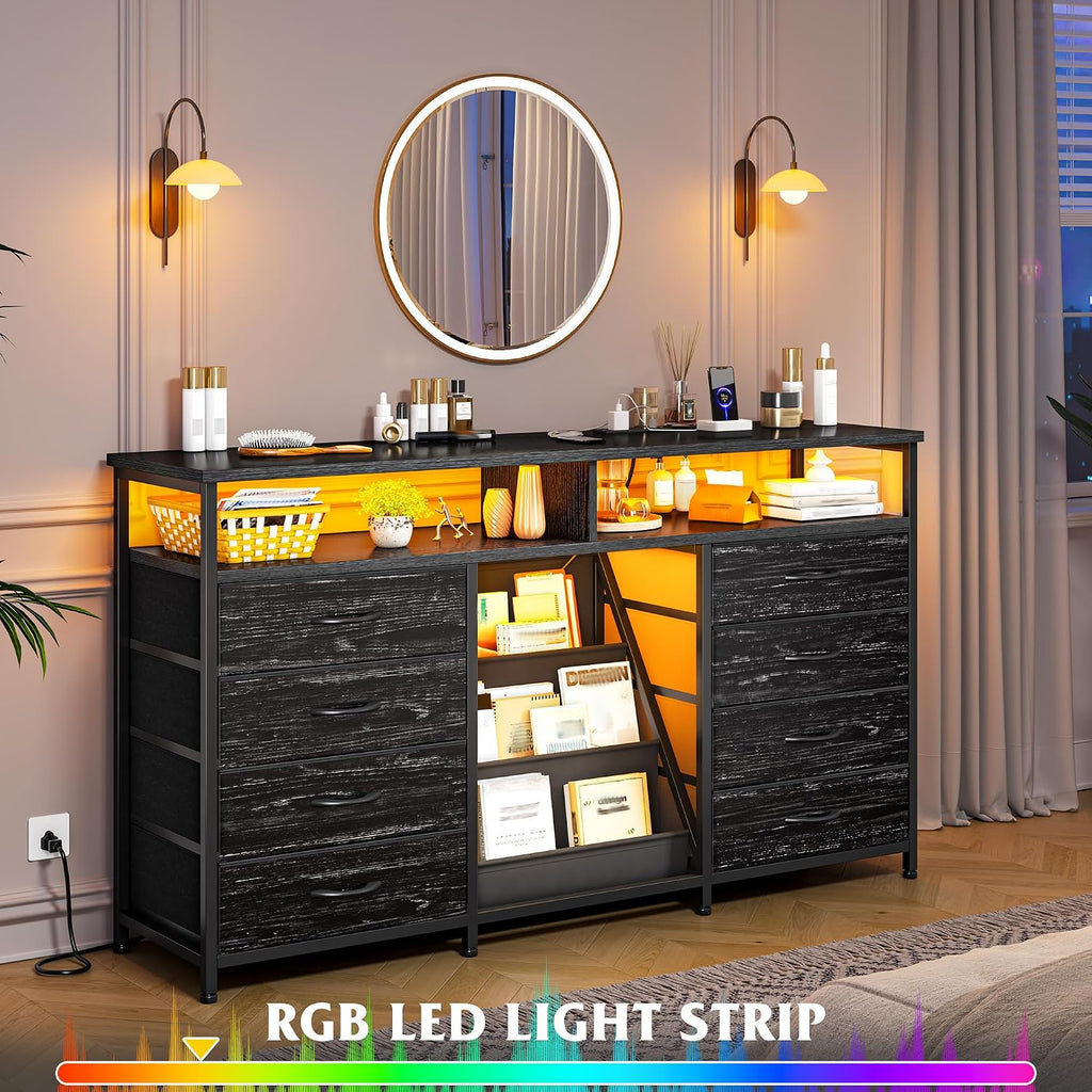 EnHomee 55 ' W Dresser for Bedroom with Bookrack & 8 Fabric Drawers, Dresser TV Stand with Power Outlet & LED Lights for 65 Inch TV, Chest of Drawers for Cabinet, Entryway, Charcoal Black