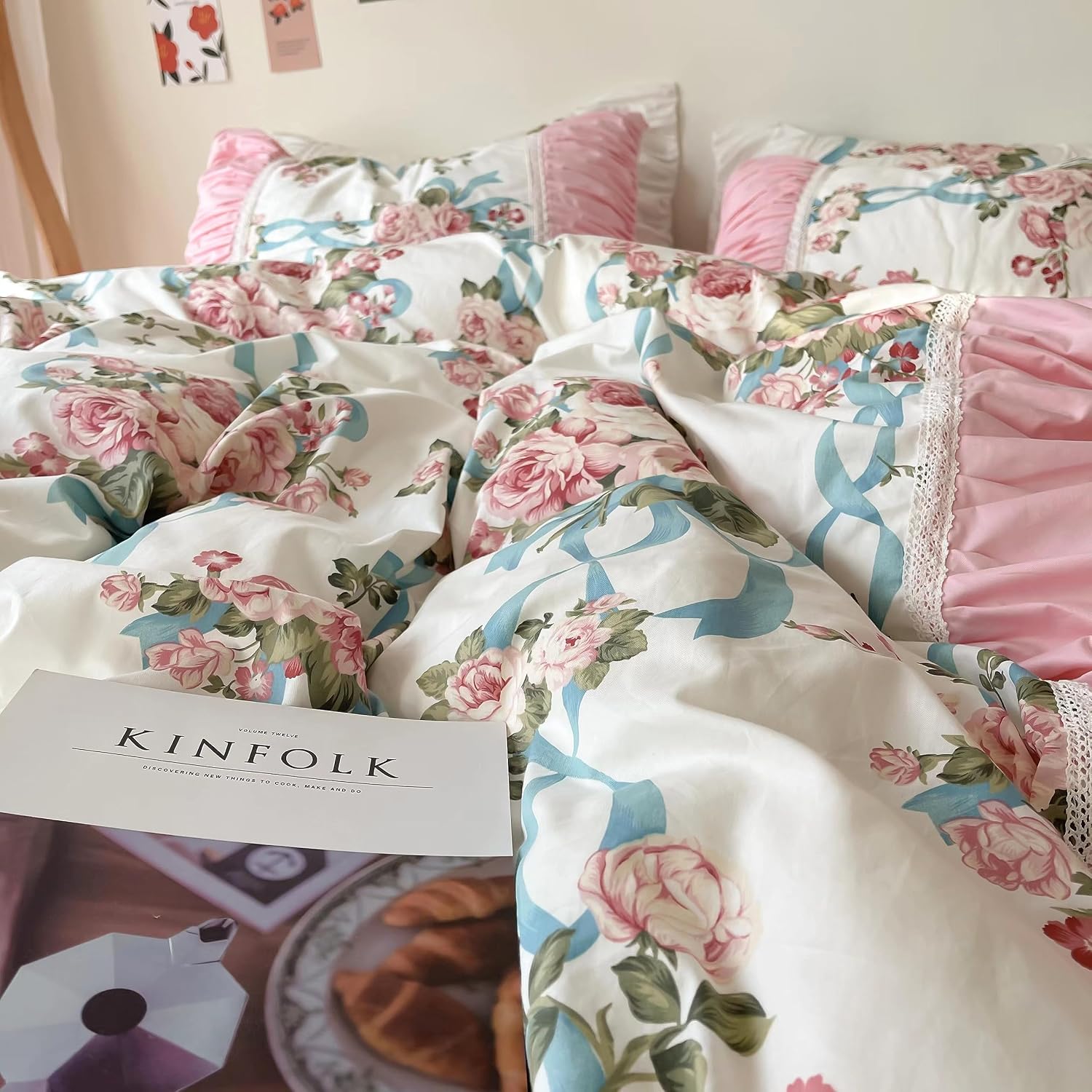 LELVA Romantic Rose Flower Print Bedding for Girls Duvet Cover Set with Bed Skirt Pink Lace Ruffle Floral Shabby Bedding Sets Full Piece