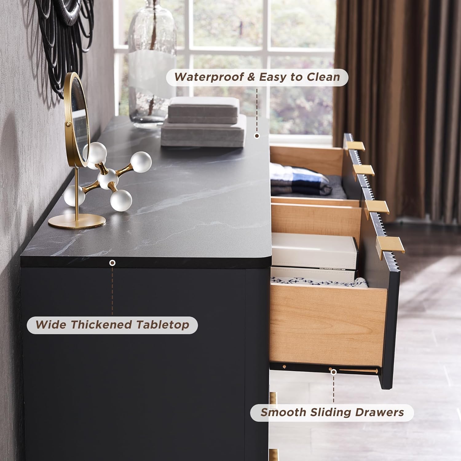 T4TREAM Fluted 6 Drawers Dresser, 54' Wide Modern Chest of Drawers with Faux Marble Top, Curved Profile Design, Dresser TV Stand, Wood Drawer Organizer for Bedroom, Living Room, Hallway, Dark Grey