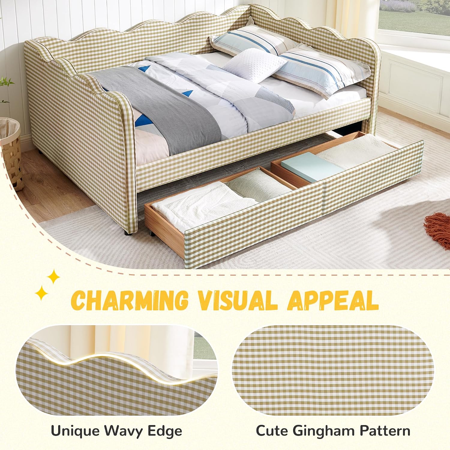 DEINPPA Full Size Upholstered Daybed with 2 Storage Drawers, Gingham Daybed with USB Ports for Bedroom Living Room Guest Room-Brown