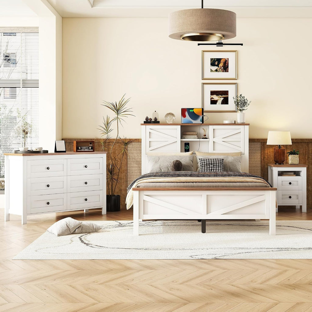 3 s Bedroom Sets Full Size Platform Bed with Double Sliding Door Storage Headboard and Charging Station, Storage Nightstand and Dresser, White+Brown