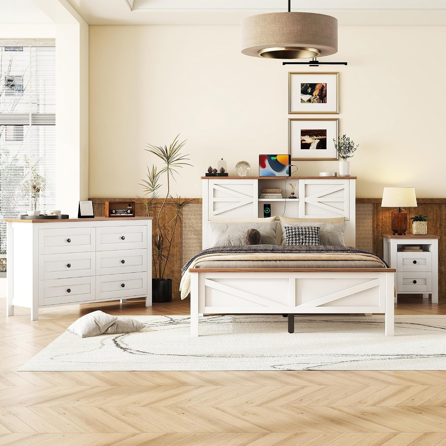 Farmhouse Design 3-Pieces Bedroom Sets, Full Size Platform Bed with Storage Nightstand and Dresser, Solid Wood Platform Bed with Double Sliding Door Storage Headboard and Charging Station