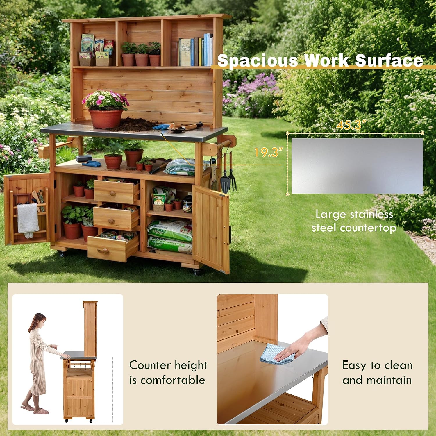 Potting Benches for Outside with Stainless Steel Top, 65''H Fir Wood Potting Bench with Storage, Outdoor Gardening Table (Natural)