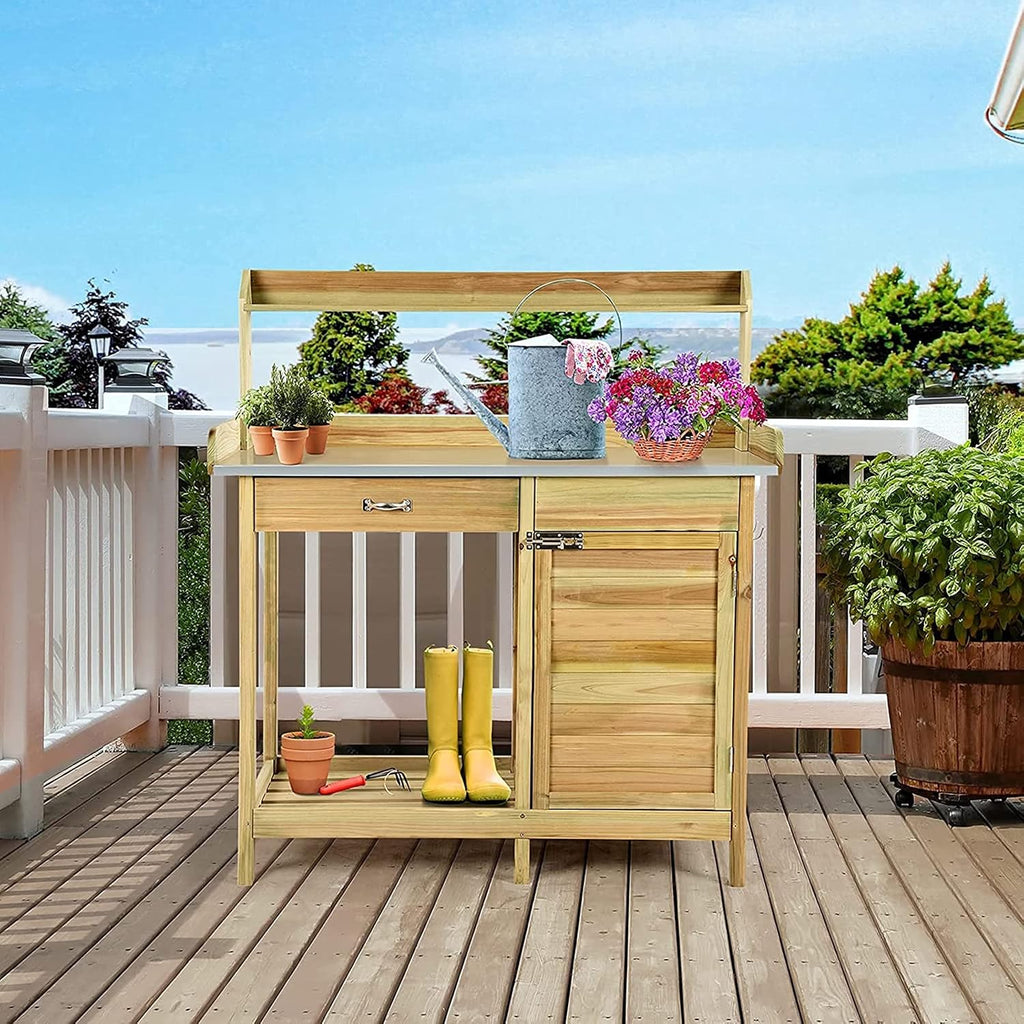 Wooden Garden Potting Bench Tables Work Station with Metal Table Top, Cabinet, Sliding Drawer and Hook,Storage Boacttom Shelf,101.6x41.4x125cm