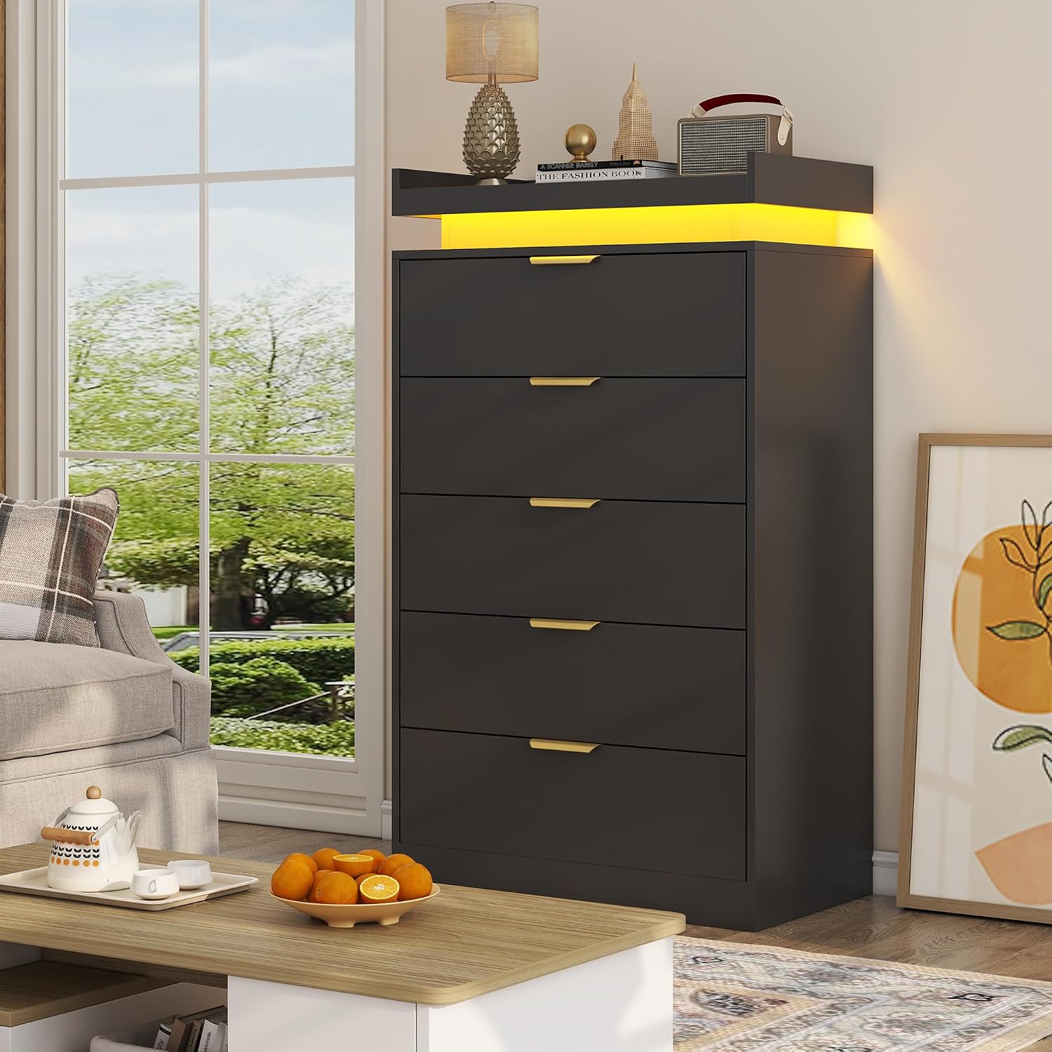 UNIQUITE Tall Dresser for Bedroom, Black Dresser with LED Lights, Wood 5 Drawer Chest with Power Outlet, Modern Tall Chest of Drawers for Bedroom, Entryway, Hallway