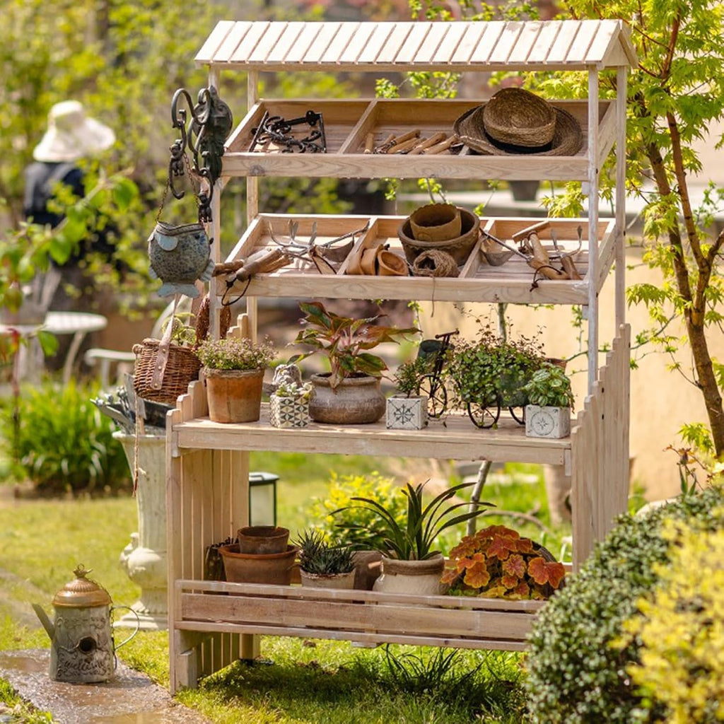 Mobile Potting Bench Table with Eaves, Garden Work Bench, Outdoor Wooden Workstation Hut with Multiple Compartments and 4 Locking Wheels, for Patio Courtyards Planter, Natural