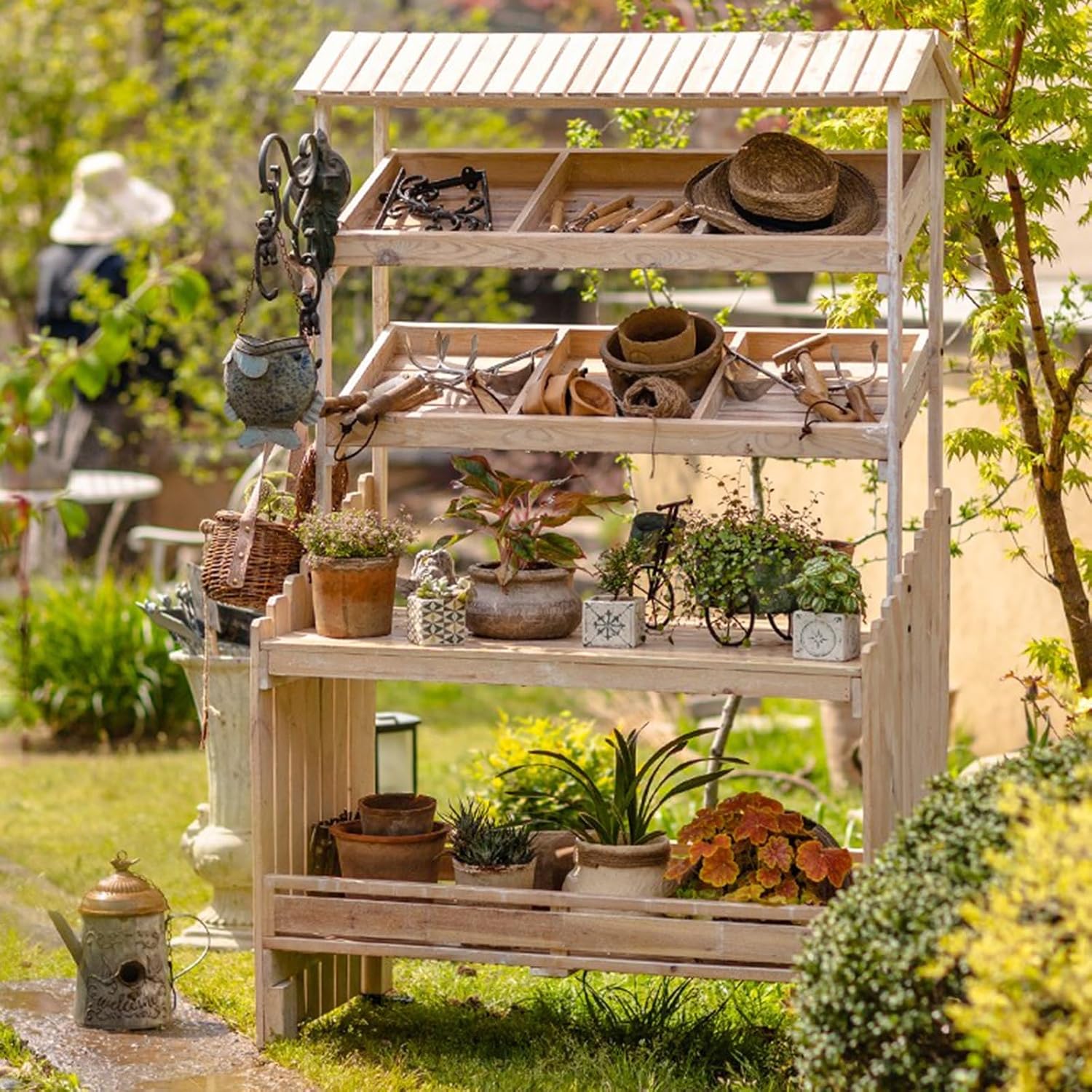 Mobile Potting Bench Table with Eaves, Garden Work Bench, Outdoor Wooden Workstation Hut with Multiple Compartments and 4 Locking Wheels, for Patio Courtyards Planter, Natural