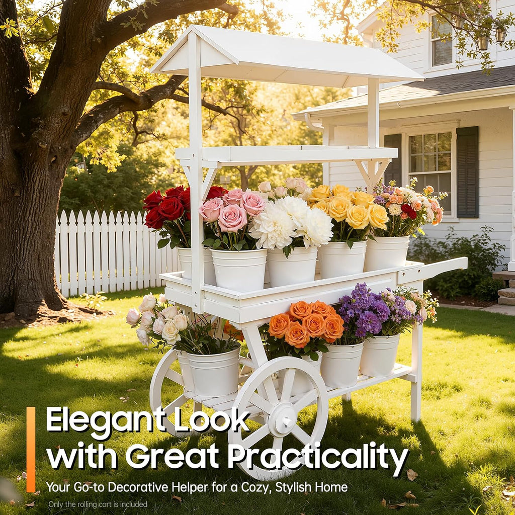 Large Country Market Wooden Rolling Table Cart, Antique Solid Wood Decor Display Rack Cart with Wheels, Rolling Table Carts for Display Various Flowers and Candy (White)