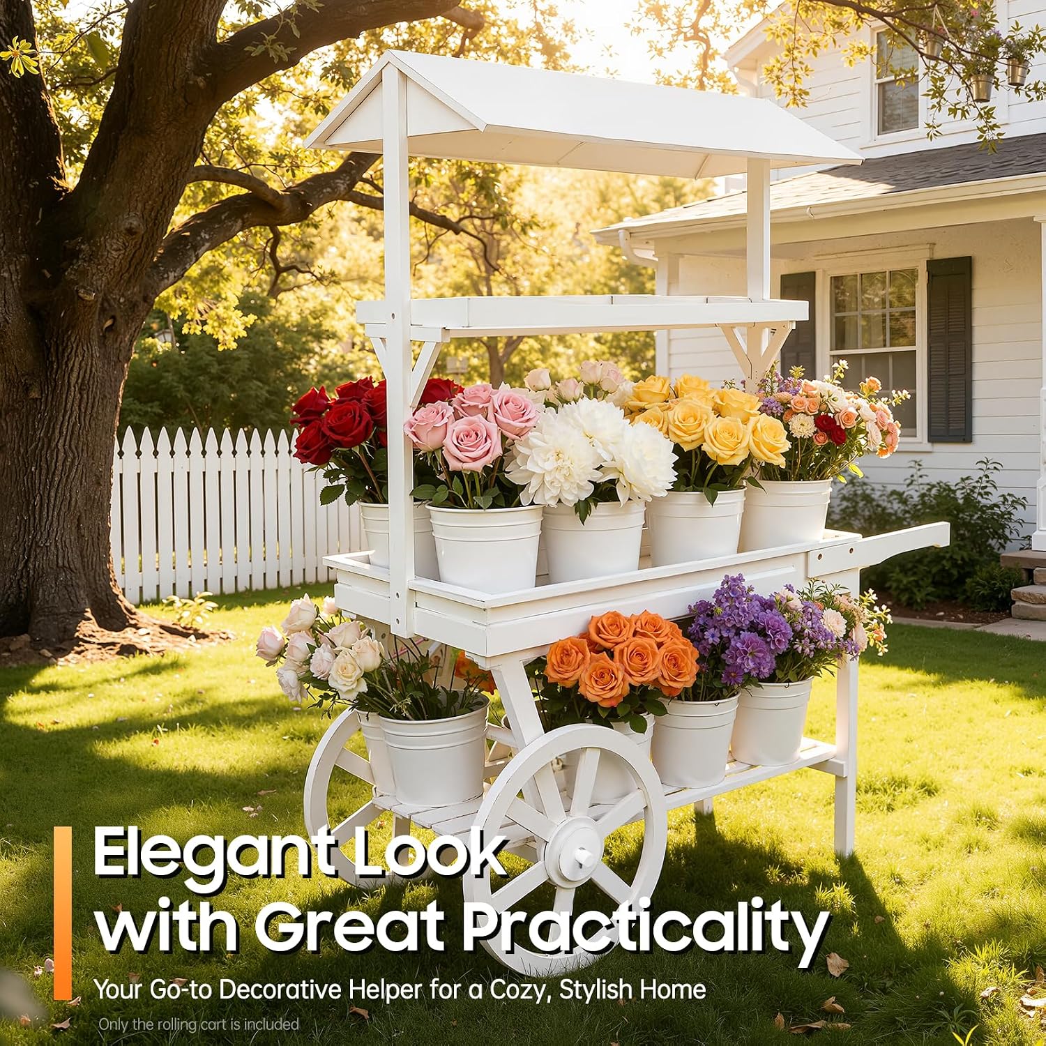 Large Country Market Wooden Rolling Table Cart, Antique Solid Wood Decor Display Rack Cart with Wheels, Rolling Table Carts for Display Various Flowers and Candy (White)
