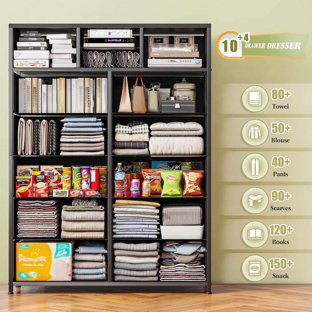 EnHomee Black Dresser with 10+4 Storage Drawers, Chest of Drawers, Sturdy Metal Frame & Wood Top, Bedroom, Hallway, Closets, Living Room, 52.2' H x 37.4' W x 11.8' D