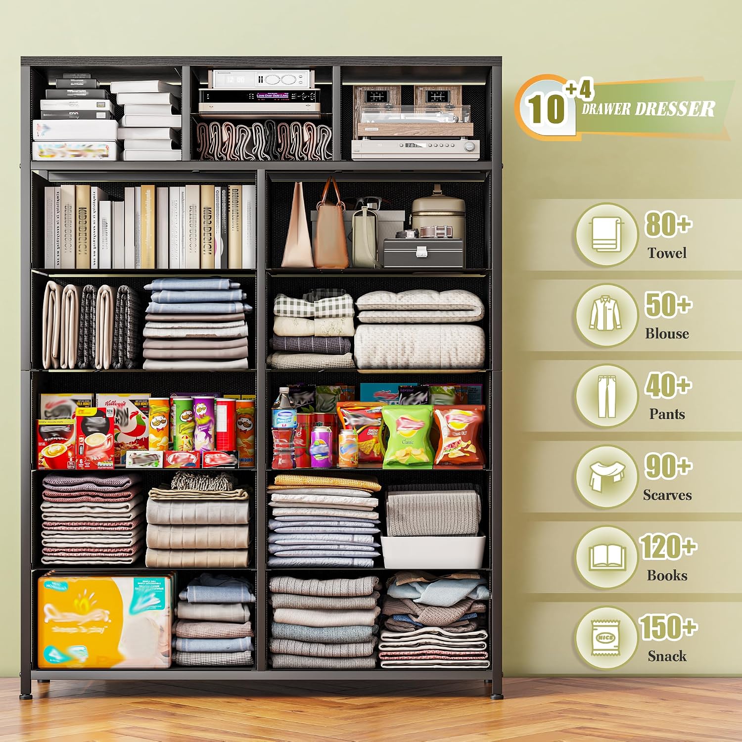 EnHomee Black Dresser with 10+4 Storage Drawers, Chest of Drawers, Sturdy Metal Frame & Wood Top, Bedroom, Hallway, Closets, Living Room, 52.2' H x 37.4' W x 11.8' D