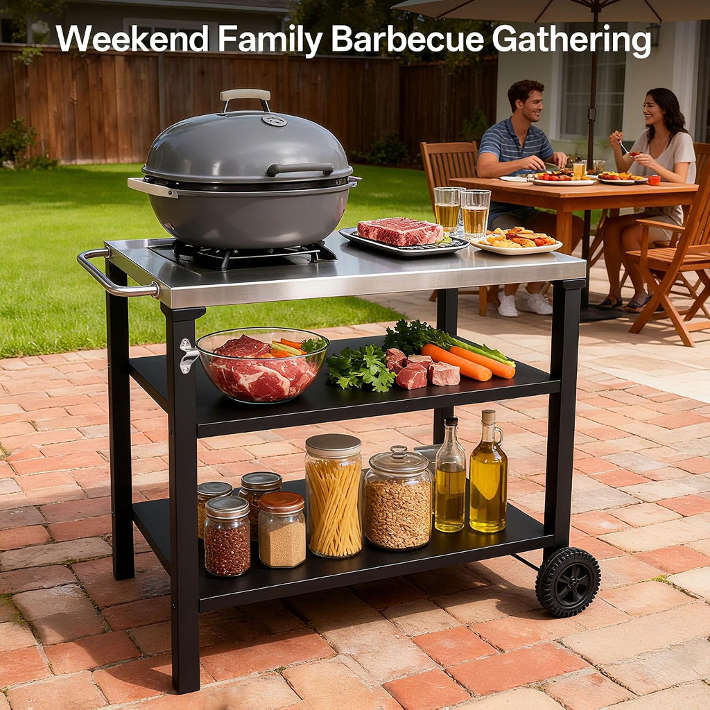 CubisVeta All-in-One Stainless Steel Kitchen Cart - Mobile Workbench with Storage Shelf & Built-in Opener for Indoor Outdoor Cooking, BBQ & Patio (Black and Silver, 39)