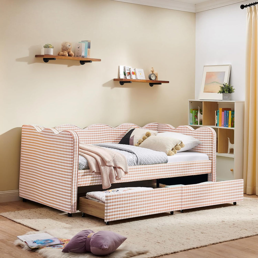 DEINPPA Twin Size Upholstered Daybed with 2 Storage Drawers, Gingham Daybed with USB Ports for Bedroom Living Room Guest Room-Pink