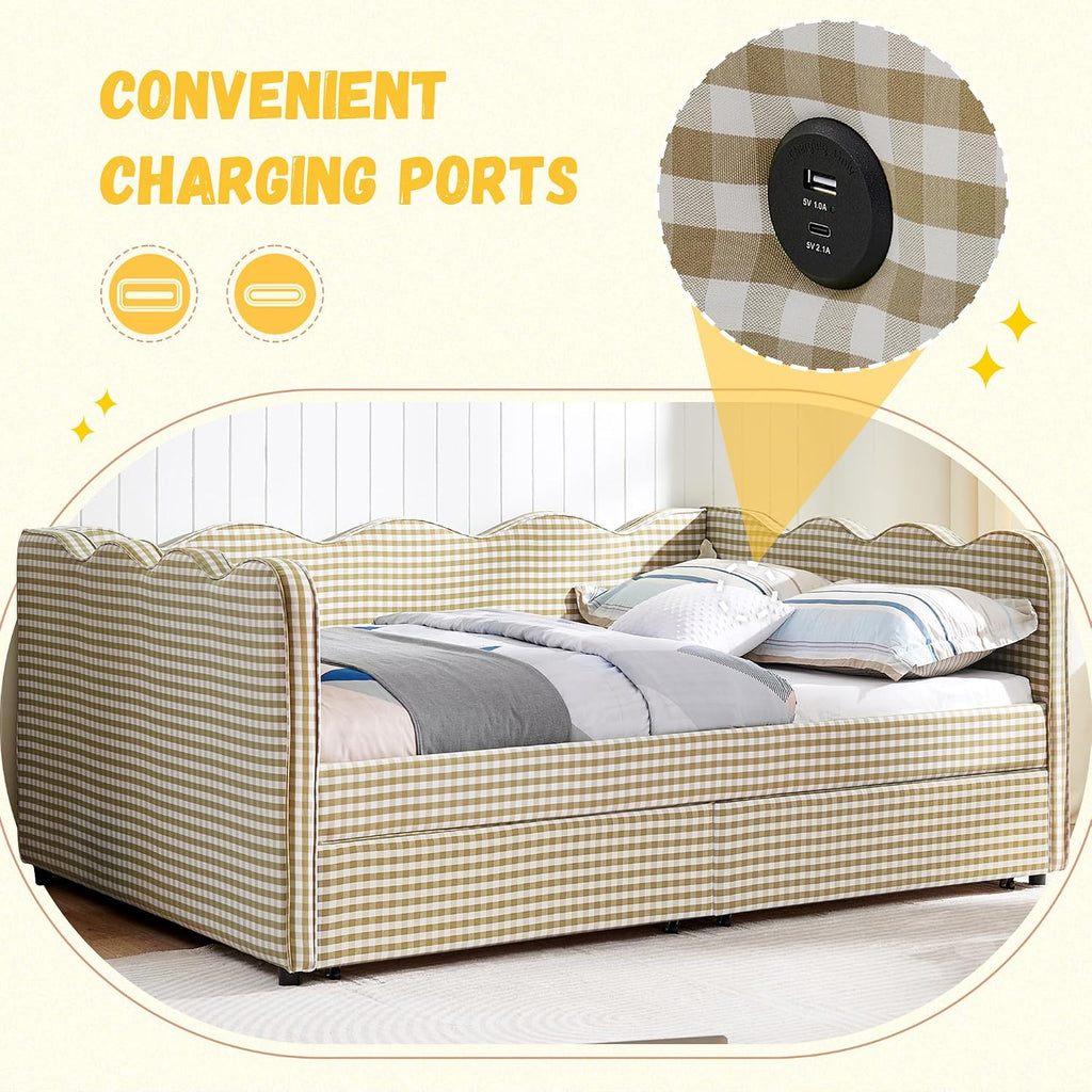 DEINPPA Full Size Upholstered Daybed with 2 Storage Drawers, Gingham Daybed with USB Ports for Bedroom Living Room Guest Room-Brown