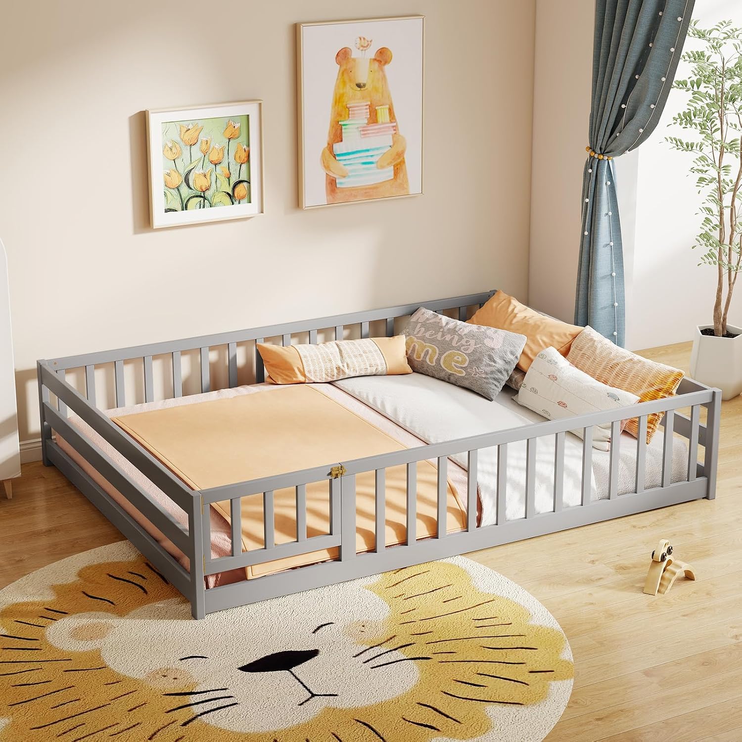 KOMFOTT Full Size Wood Floor Bed with Door & Fence, Montessori Bed Frame with Full Length Safety Guardrails, Door & Latch, Wooden Montessori Floor Bed for Kids, Girls, Boys (Full,Grey)