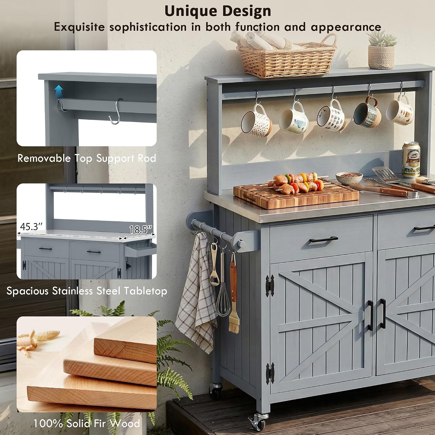54.1' Outdoor Kitchen Island with High Shelf, Large Potting Bench Table with Stainless Steel Top, Solid Wood Grill Cart with Lockable Wheels for BBQ, Garden (Grey Blue-hs)