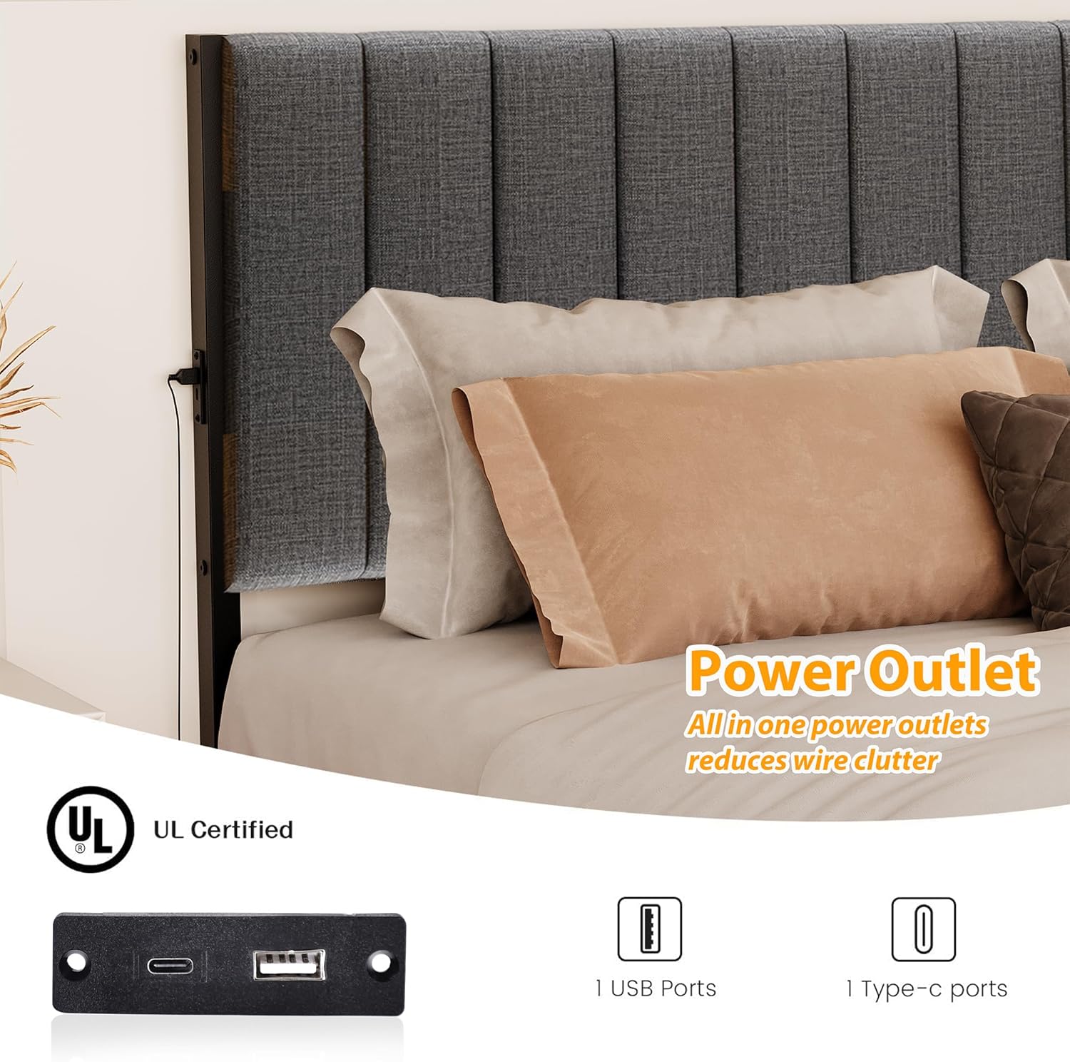 Floating Queen Bed Frame with LED Lights & Charging Station,Modern Metal Platform Bed Frame Queen Size with Upholstered Headboard,No Box Spring Needed,Heavy Duty Steel Slats,Easy Assembly,Noise Free