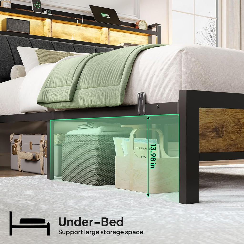 Welzona Full Size Bed Frame with Charging Station, LED Bed with Upholstered Storage Headboard, Solid and Stable, Noise Free, No Box Spring Needed, Easy Assembly, Vintage Brown