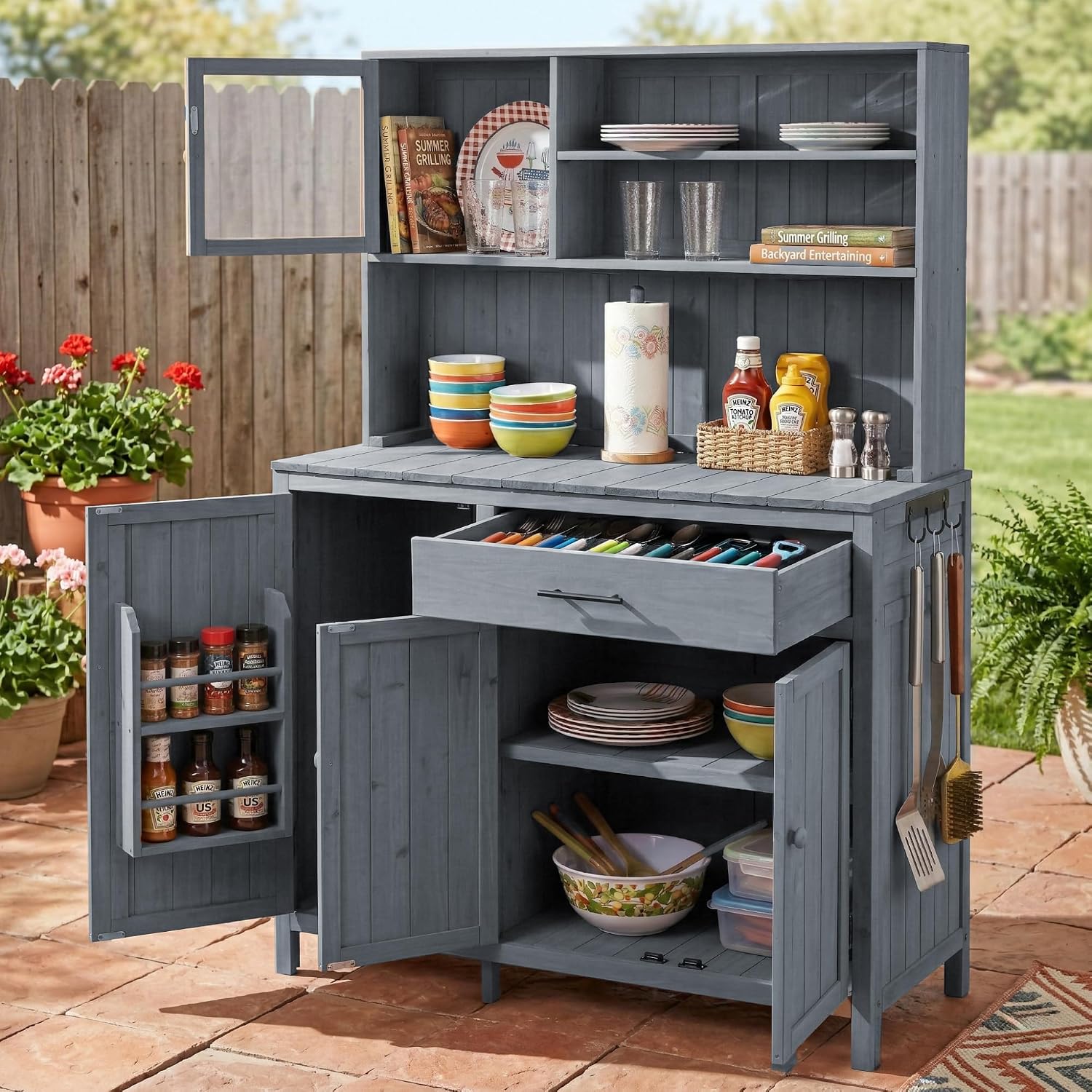 Potting Bench with Hutch, 65' H Solid Fir Wood Garden Workstation, Large Countertop,Patio Kitchen Island with Adjustable Shelves,Spice Rack, Side Hook and Drawer (Gray-Drawer)