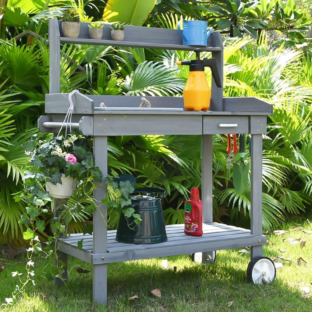 Plant Shelf, Plant Stand Indoor Outdoor, Elevated Flowerpot Box with Wheels, Outdoor Potted Plant Workbench, Drawer/Adjustable Shelf/Detachable Sink