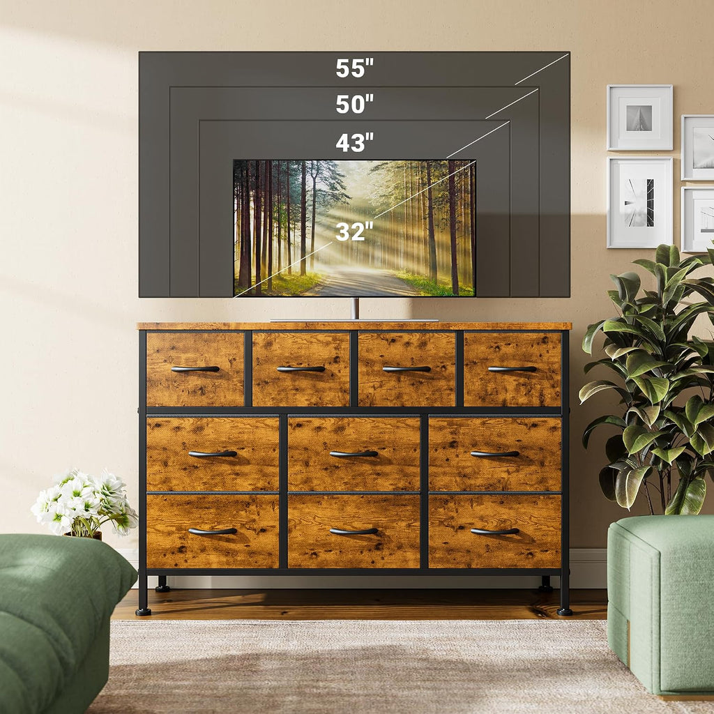 Lulive 10 Drawer Dresser for Bedroom, Dressers TV Stand with Power Outlet, Entertainment Center Bedroom Dresser, Chest of Drawers for 55'' Long TV, Wide Fabric Dresser for Storage and Organization
