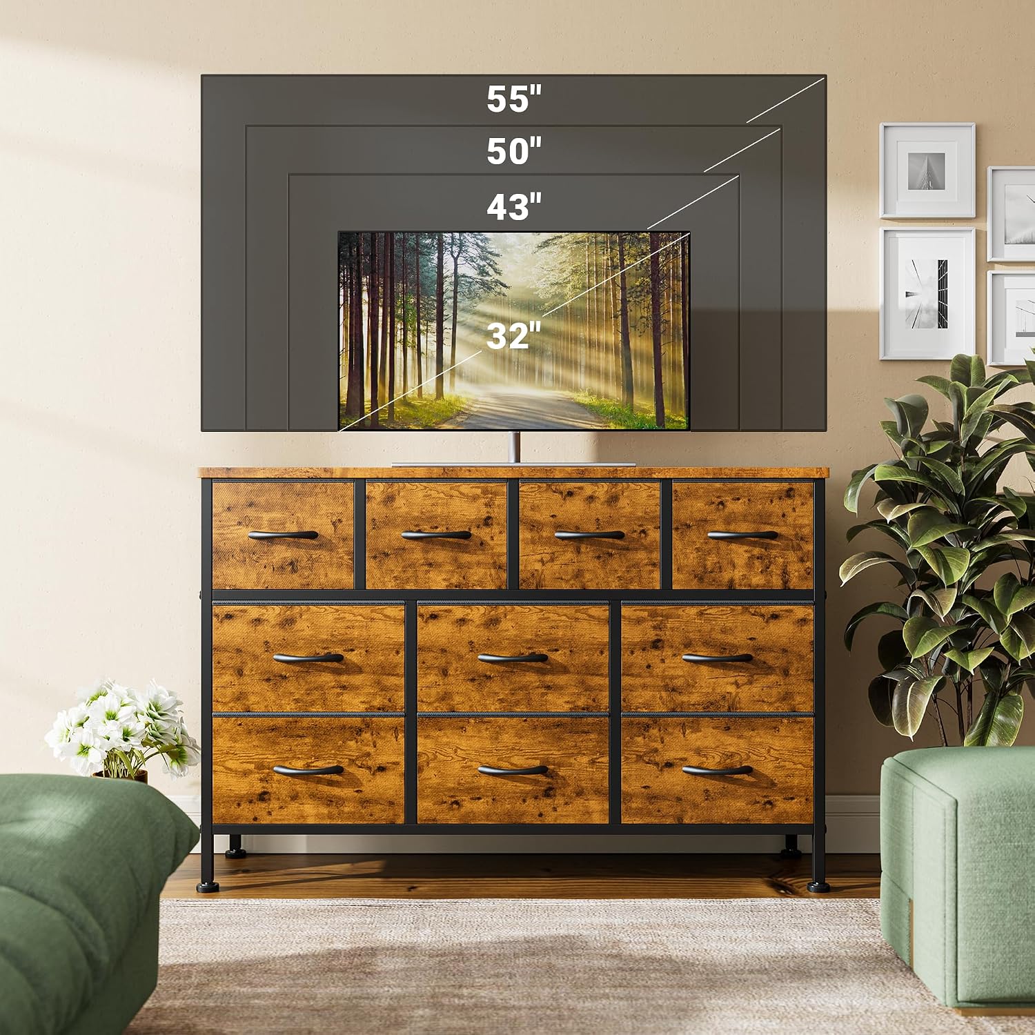 Lulive 10 Drawer Dresser for Bedroom, Dressers TV Stand with Power Outlet, Entertainment Center Bedroom Dresser, Chest of Drawers for 55'' Long TV, Wide Fabric Dresser for Storage and Organization