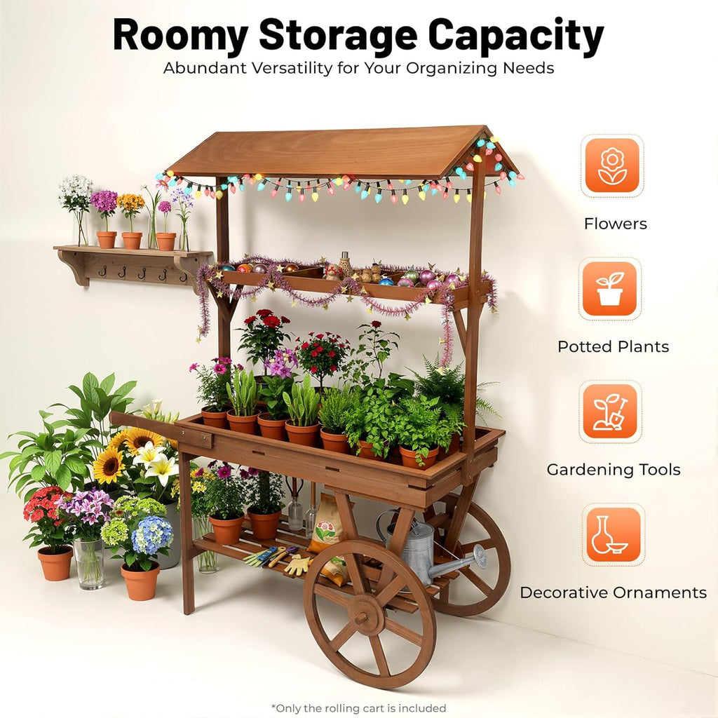 Large Country Market Wooden Rolling Table Cart, Antique Solid Wood Decor Display Rack Cart with Wheels, Rolling Table Carts for Display Various Flowers and Candy (Brown)