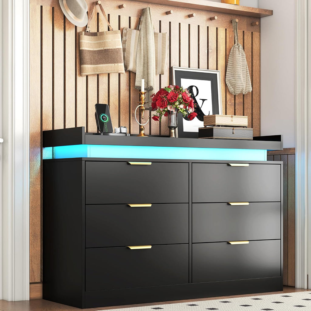 6 Drawer Dresser for Bedroom, Black Dresser with LED Lights and Power Outlet, Modern Chest of Drawers for Closet, Double Wide Drawer Organizer Cabinet for Bedroom, Living Room, Entryway, Hallway