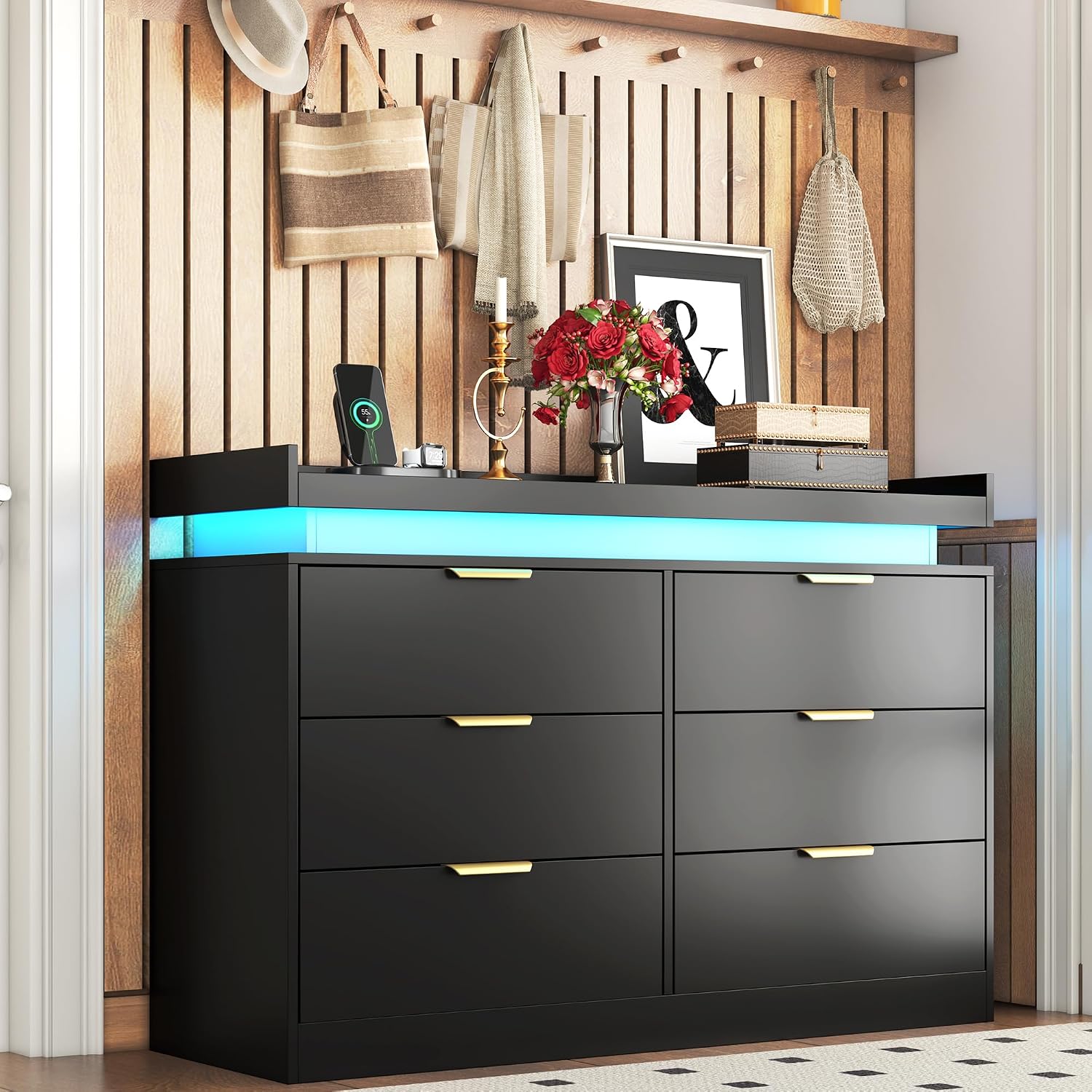 6 Drawer Dresser for Bedroom, Black Dresser with LED Lights and Power Outlet, Modern Chest of Drawers for Closet, Double Wide Drawer Organizer Cabinet for Bedroom, Living Room, Entryway, Hallway