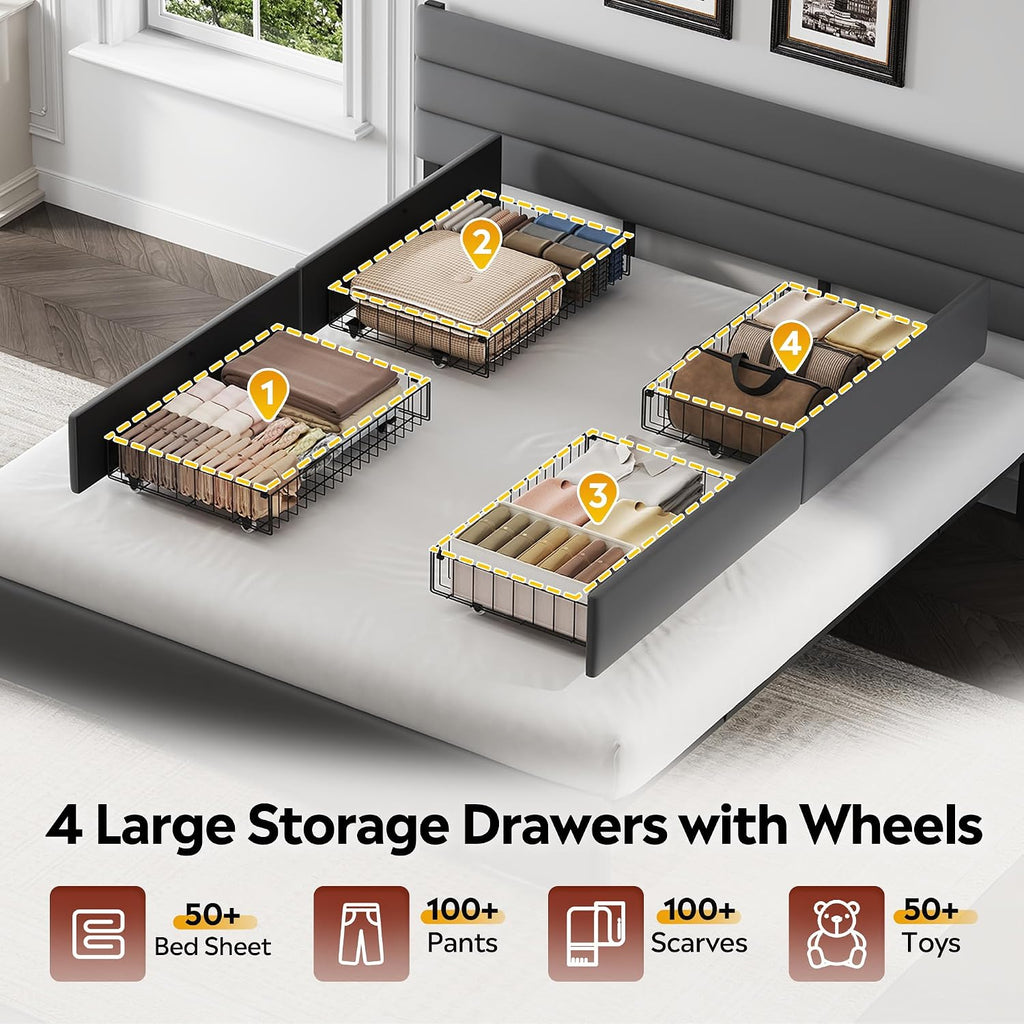 WLIVE King Size Upholstered Bed Frame with 4 Storage Drawers and Headboard, Velvet Platform Bedframe, Sturdy Metal & Wooden Slats Support, No Box Spring Needed, Easy Assembly, Dark Grey