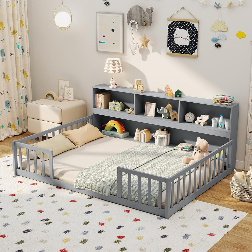 Giantex Full Size Floor Bed for Kids, Wooden Montessori Bed Frame with Bookcase, Storage Shelves & Safety Fence Rails, Floor Beds Full for Girls, Boys, No Box Spring Needed, Without Slats, Grey