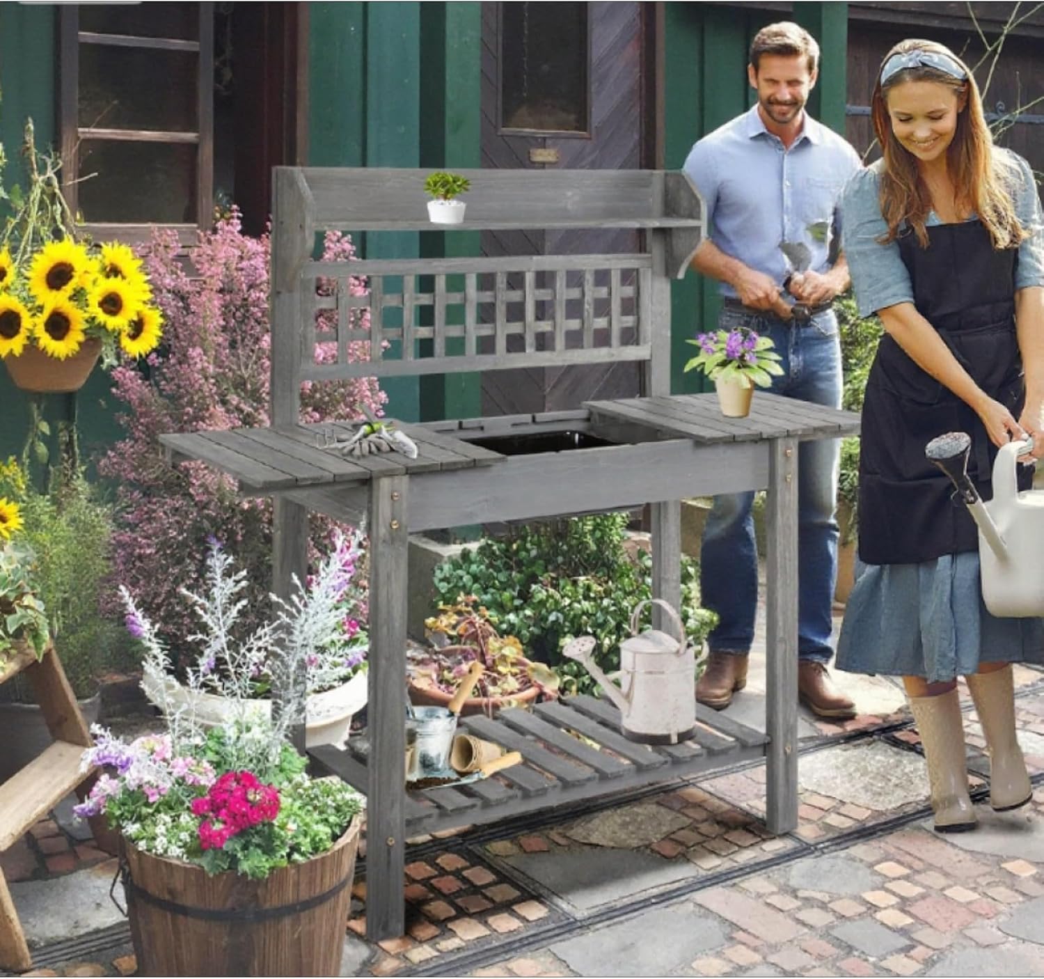 Wooden Outdoor Potting Bench Workstation Table with Storage Shelf, Dry Sink and Expandable Sliding Tabletop for Cutting and Potting Vegetables, Herbs, and Other Plants (Gray)