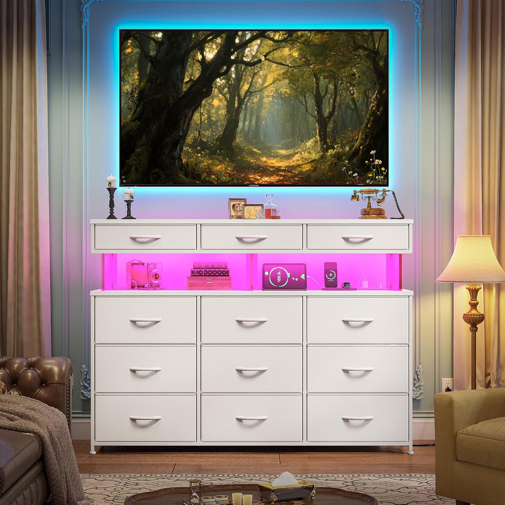 Romorgniz White Dresser for Bedroom with Charging Station and LED Lights, Fabric Dressers & Chest of Drawers, Dresser TV Stands for Living Room, Open Shelves, 10MM Thick Acrylic Sheet