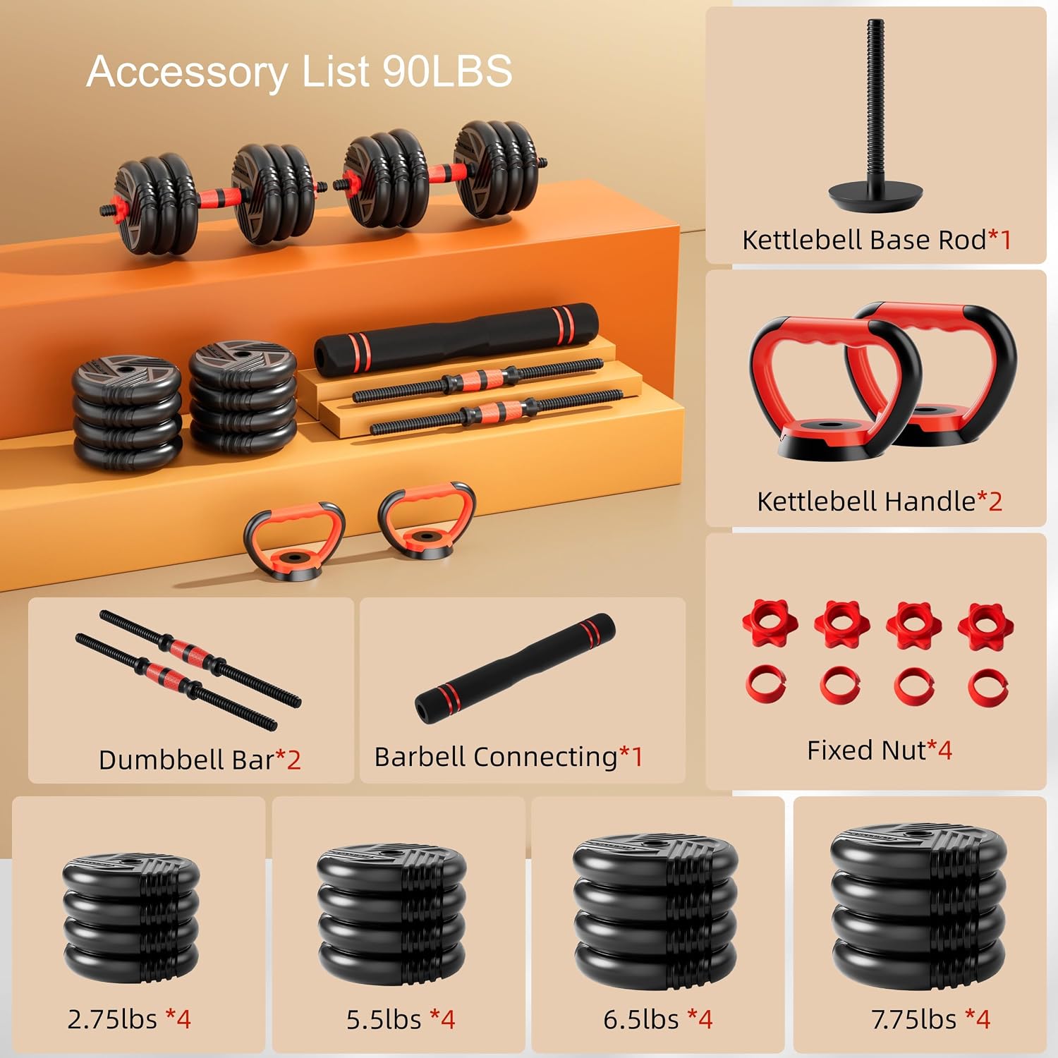 Adjustable Dumbbell Set, 10/20/30/45/70/90lbs, 5 in 1 Multi-Function Dumbbells Set Converts to Barbell & Kettlebell, Weight Set for Home Gym Workout, Suitable for Men/Women Strength Training
