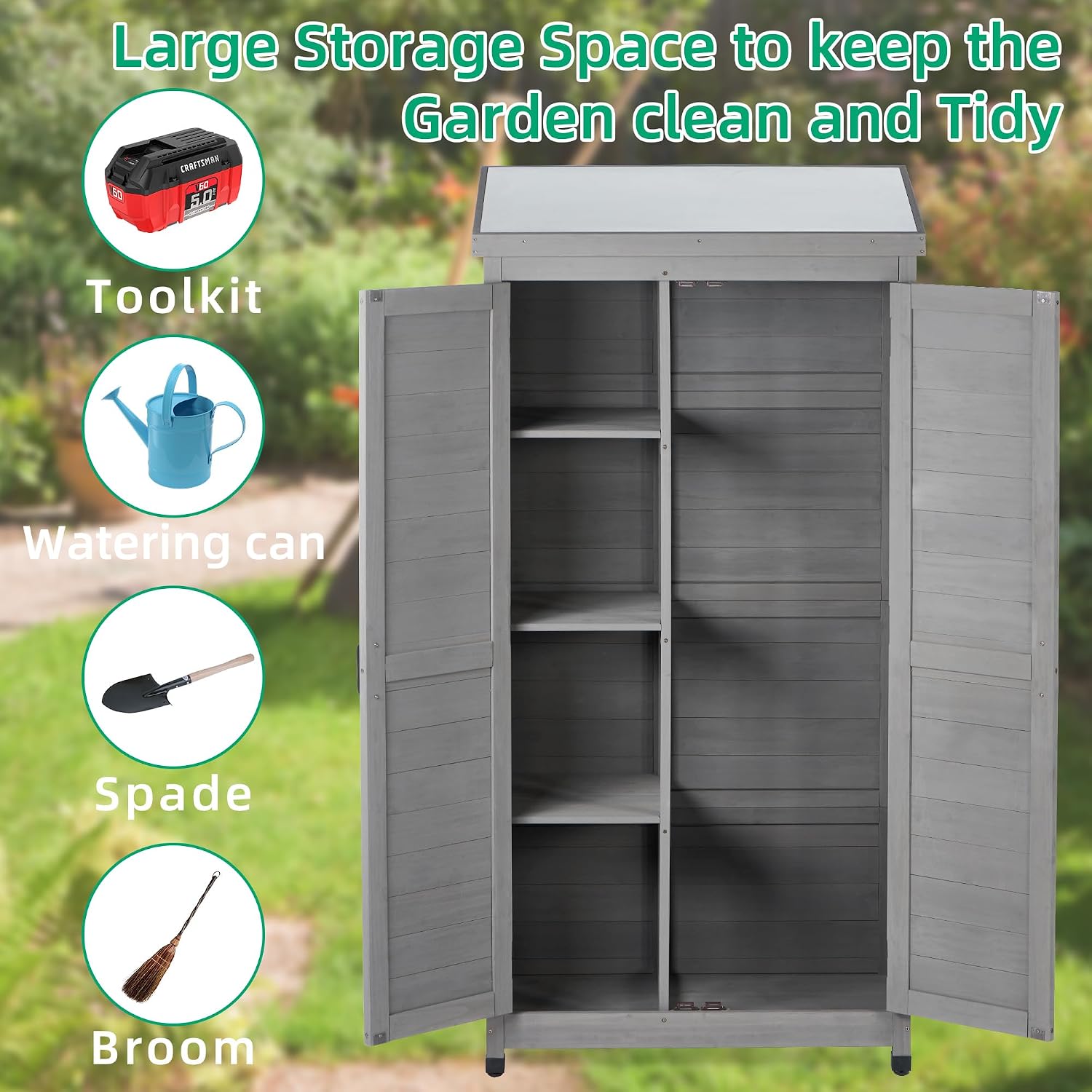 Tall Outdoor Storage Cabinet Waterproof Wood with Metal Top, Durable Patio Garden Shed for Tools, Backyard Deck and Balcony Organizer, Outside Hutch, 68-Inch Tall, Gray
