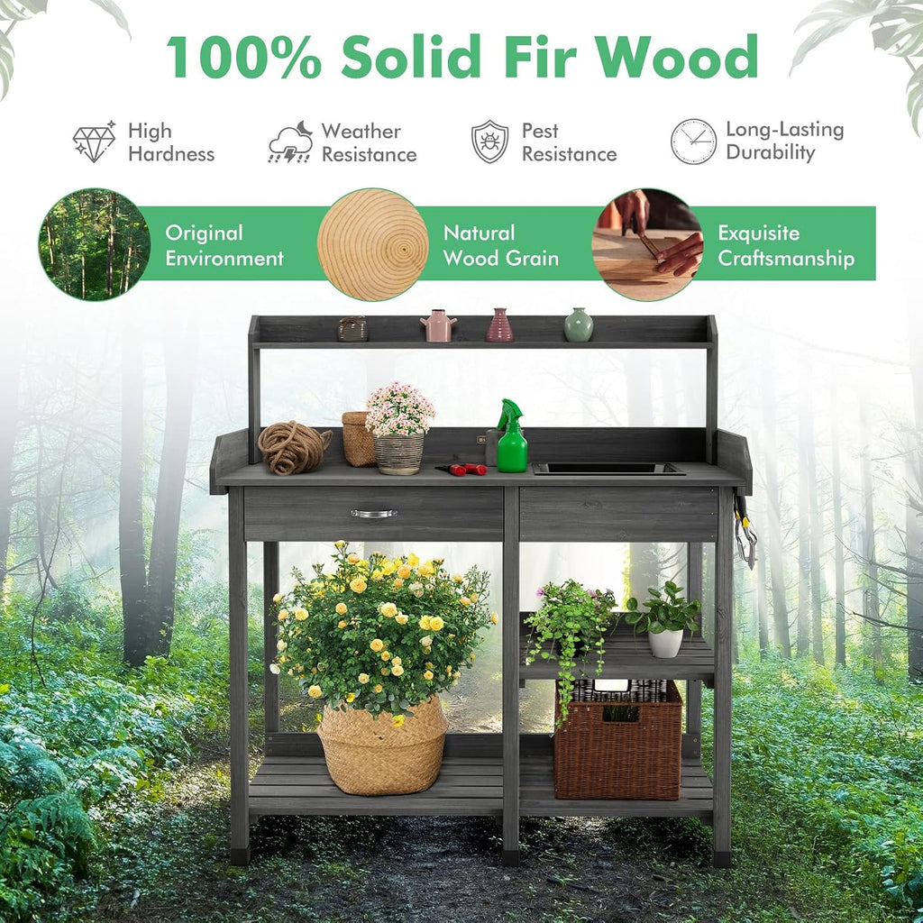 TANGZON Garden Potting Table, Wooden Potting Bench with Large Sink, Drawer, Open Shelves & 3 Hooks, Outdoor Gardening Flower Plant Workstation for Patio Balcony Yard Lawn (Grey)