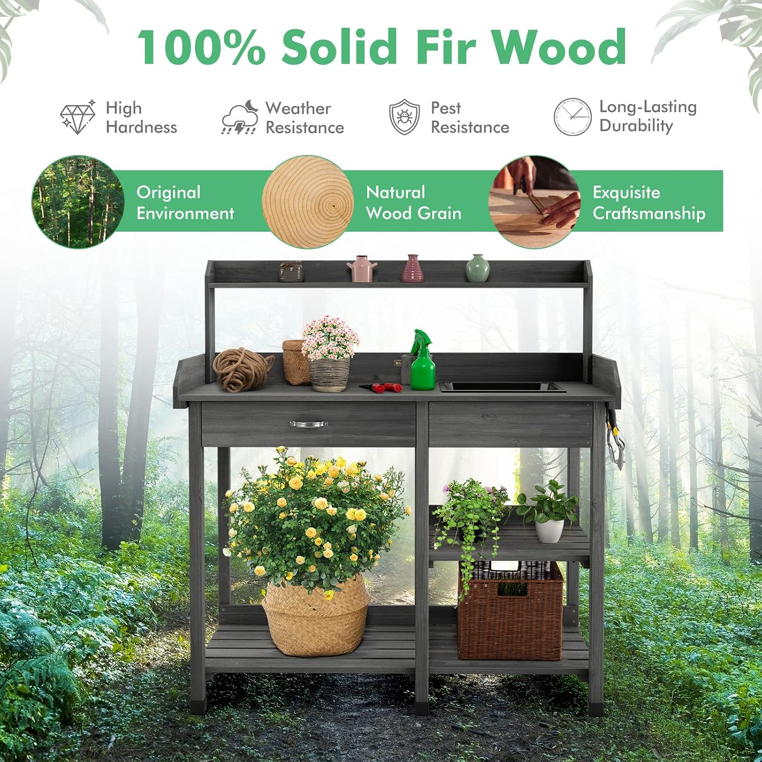 TANGZON Garden Potting Table, Wooden Potting Bench with Large Sink, Drawer, Open Shelves & 3 Hooks, Outdoor Gardening Flower Plant Workstation for Patio Balcony Yard Lawn (Grey)