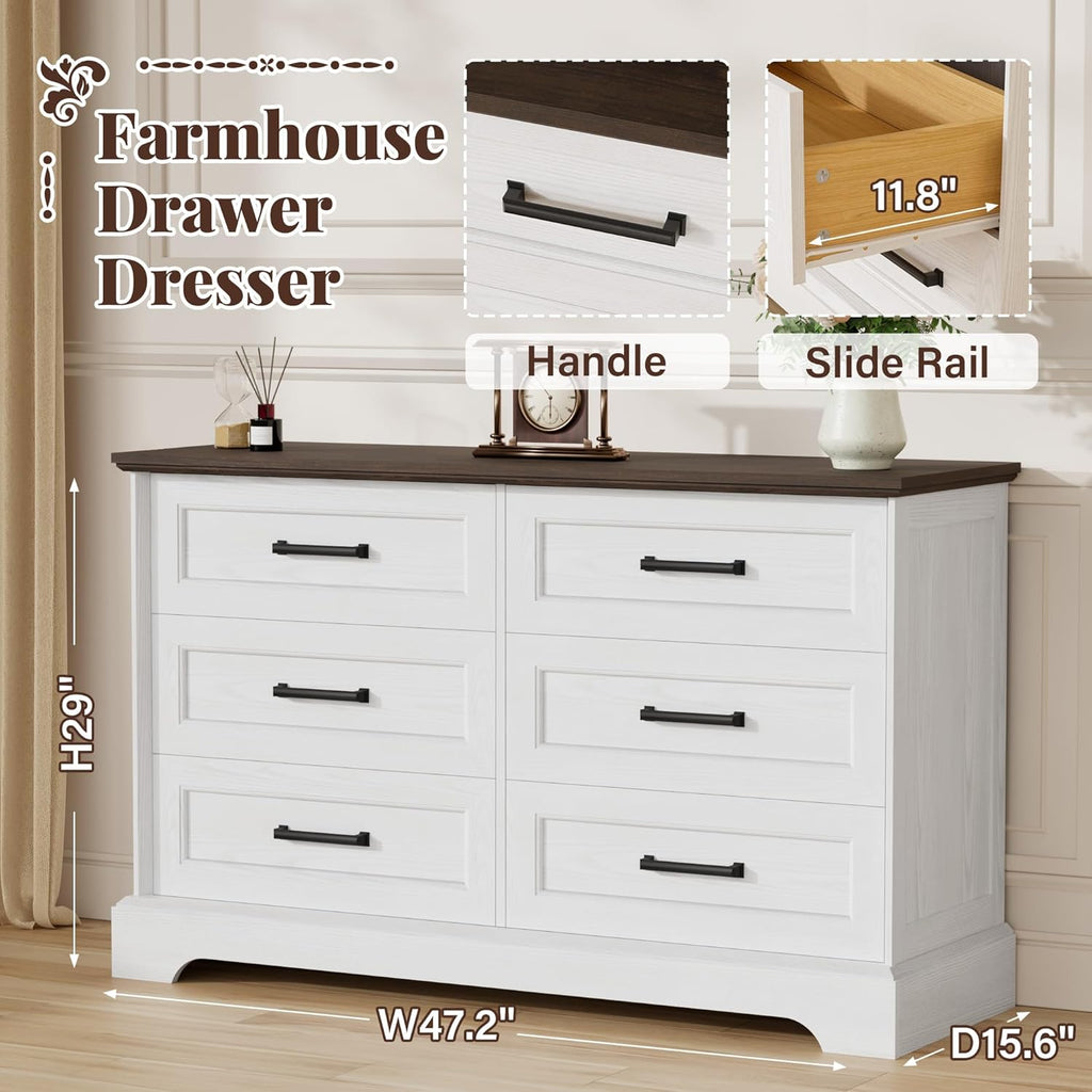 Furmax Farmhouse Dresser for Bedroom, 6 Drawers Dresser, Wood Chest of Drawers, 47.2' Wide Storage Dressers Organizer for Bedroom, Living Room, White and Brown
