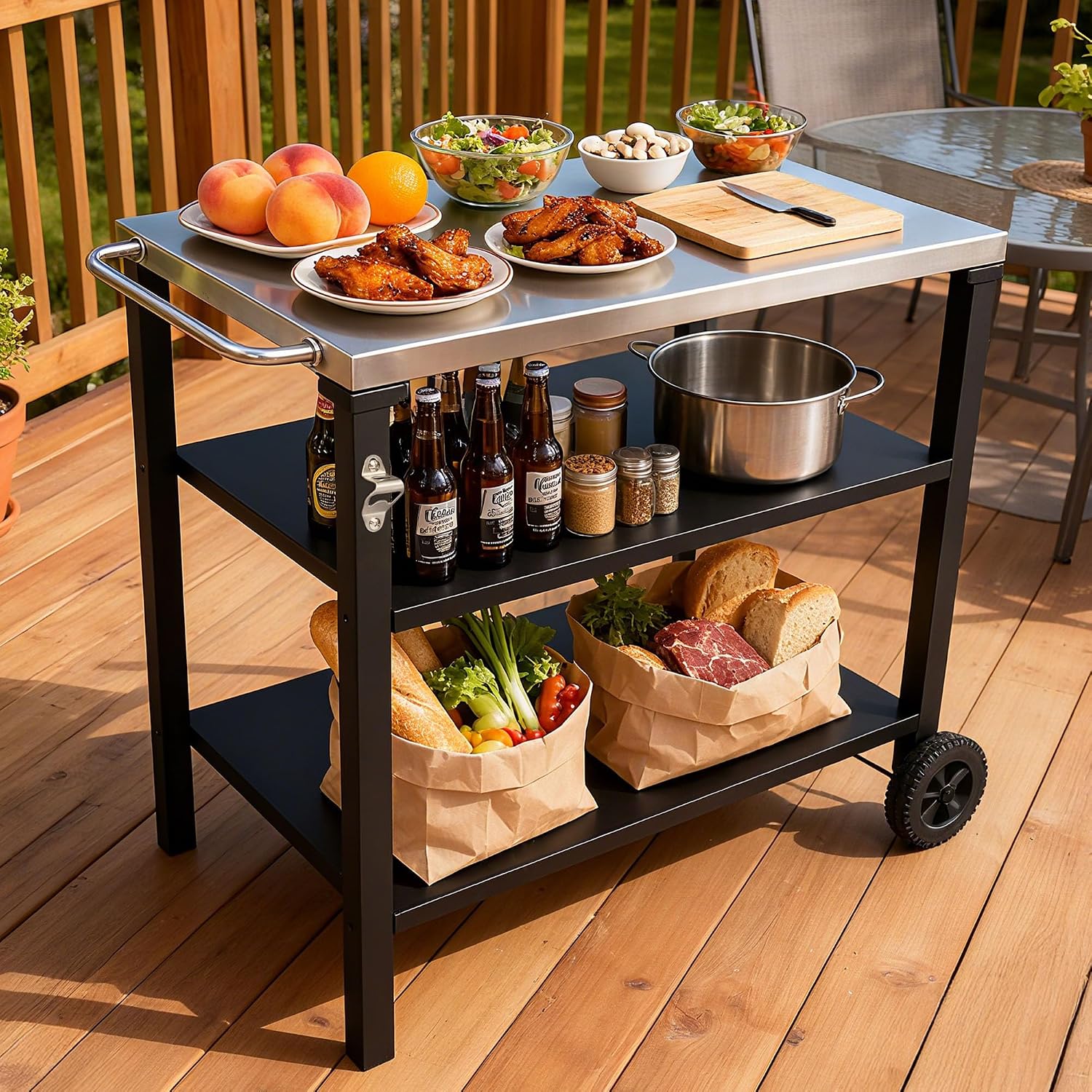 CubisVeta All-in-One Stainless Steel Kitchen Cart - Mobile Workbench with Storage Shelf & Built-in Opener for Indoor Outdoor Cooking, BBQ & Patio (Black and Silver, 39)