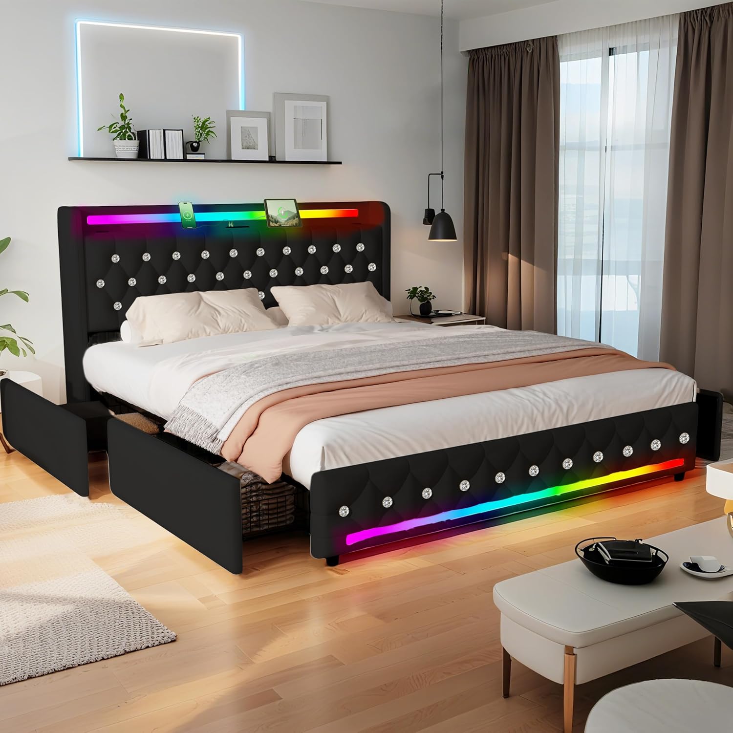 Juego 5-in-1 LED Queen Upholstered Platform Bed Frame with Bluetooth Speakers,Velvet Bed with Headboard,USB & Type-C Charging Station,4 Drawers Storage and Wooden Slats Support,Noise Free,Black